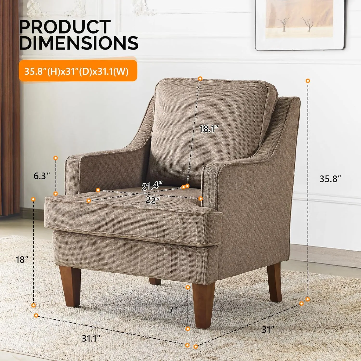VINGLI Mid-Century Accent Arm Chair, Light Brown Upholstered Armchair Comfy Sofa Chair Reading Chair High Back Living Room Bedroom Furniture for Apartment