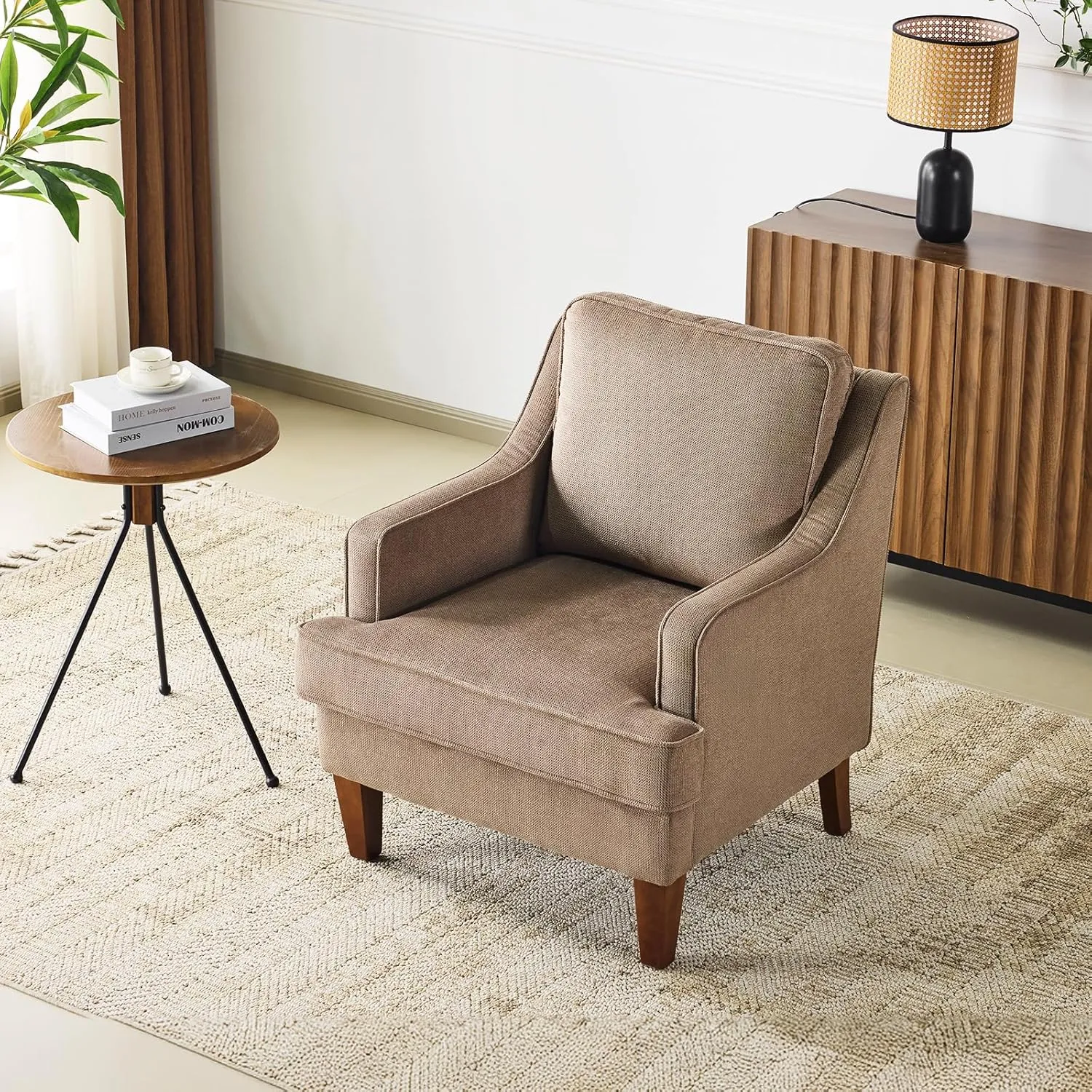 VINGLI Mid-Century Accent Arm Chair, Light Brown Upholstered Armchair Comfy Sofa Chair Reading Chair High Back Living Room Bedroom Furniture for Apartment