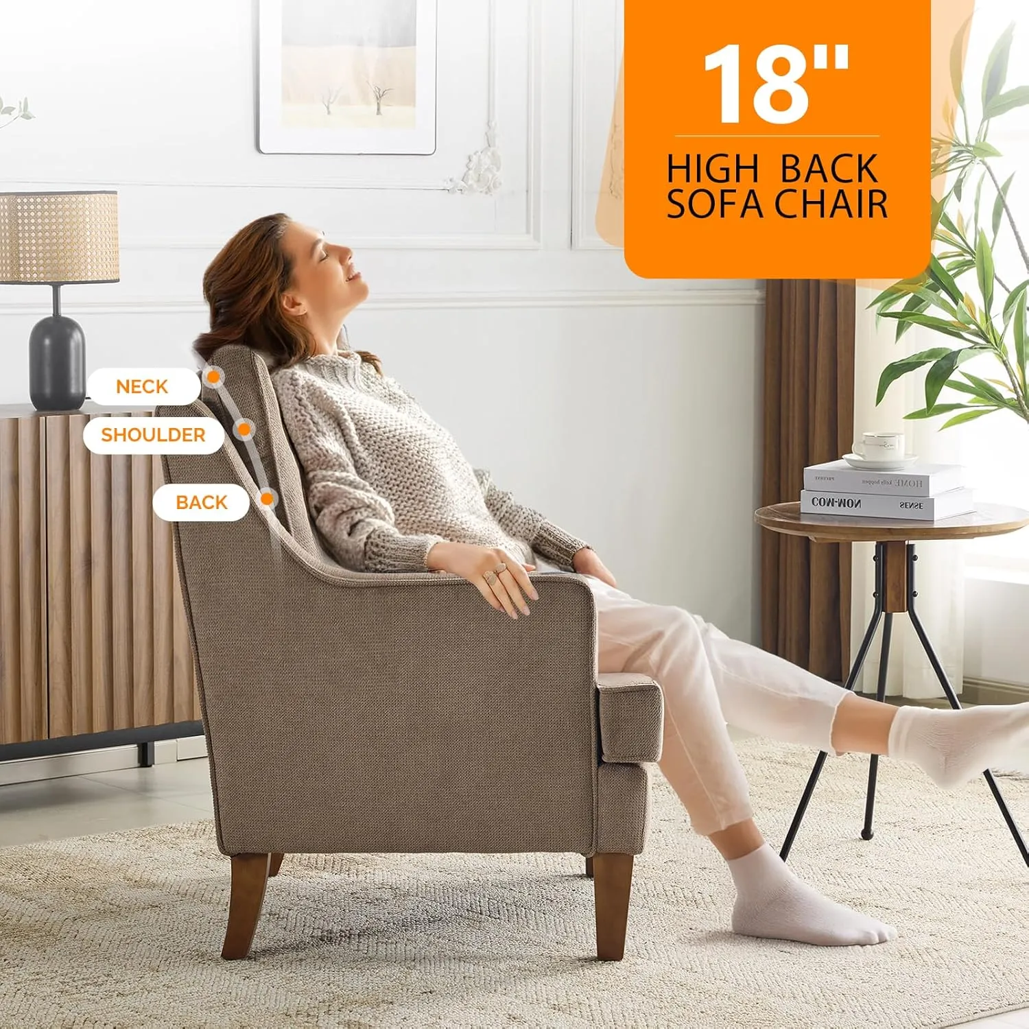 VINGLI Mid-Century Accent Arm Chair, Light Brown Upholstered Armchair Comfy Sofa Chair Reading Chair High Back Living Room Bedroom Furniture for Apartment