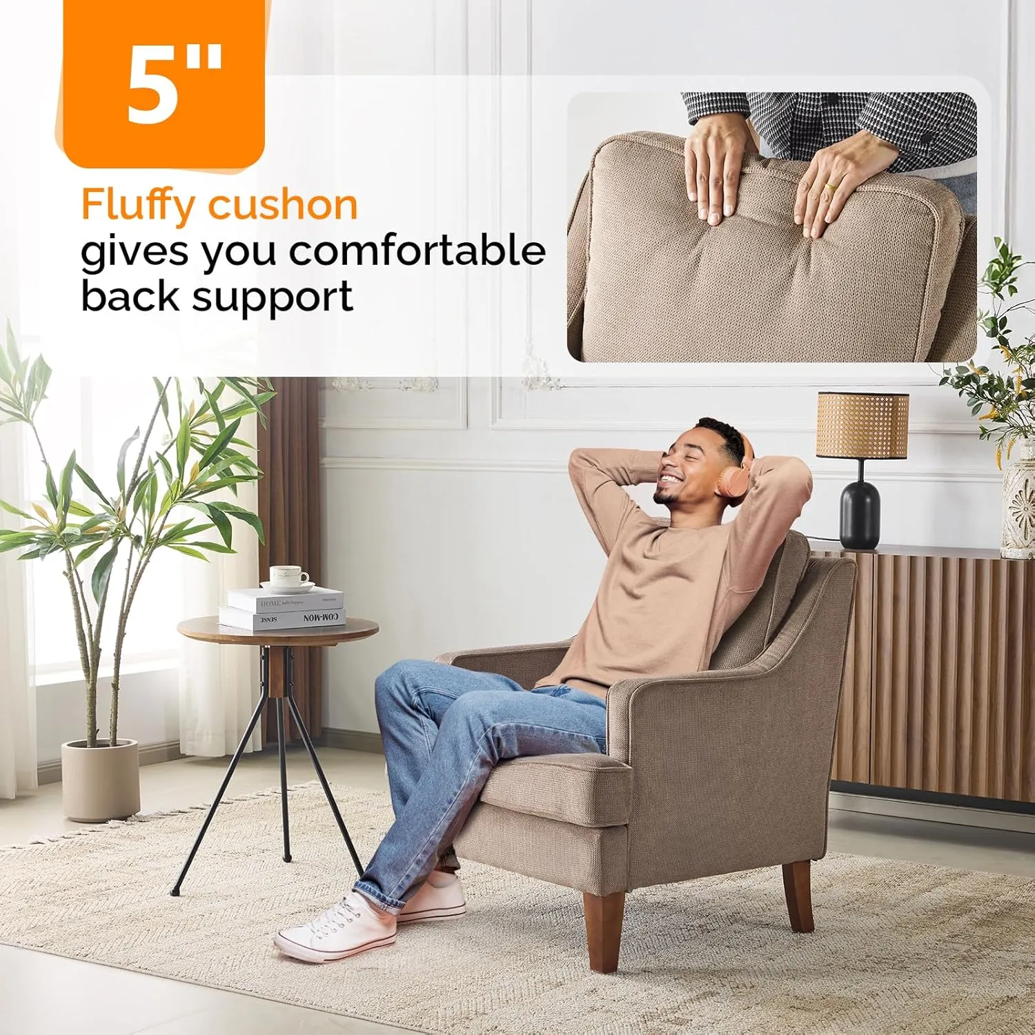 VINGLI Mid-Century Accent Arm Chair, Light Brown Upholstered Armchair Comfy Sofa Chair Reading Chair High Back Living Room Bedroom Furniture for Apartment