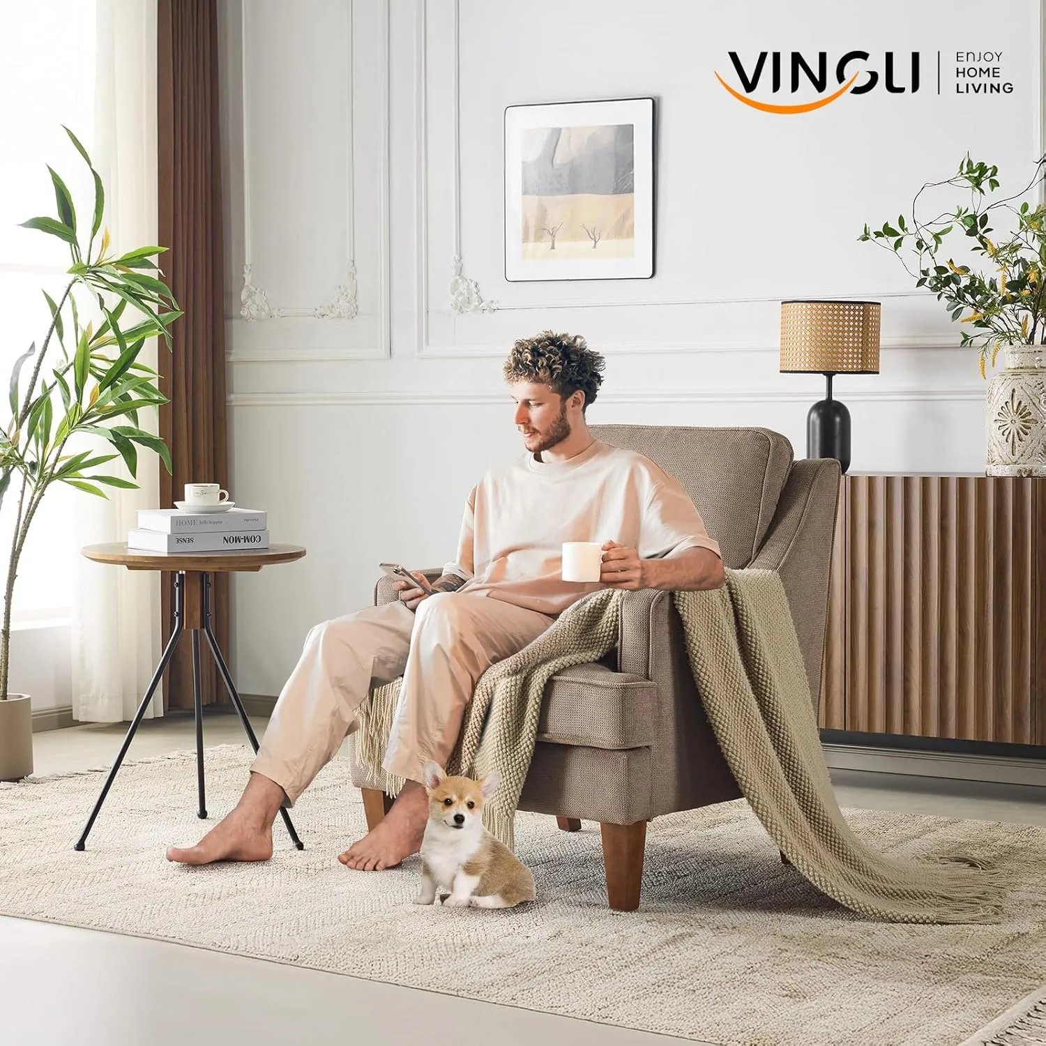 VINGLI Mid-Century Accent Arm Chair, Light Brown Upholstered Armchair Comfy Sofa Chair Reading Chair High Back Living Room Bedroom Furniture for Apartment
