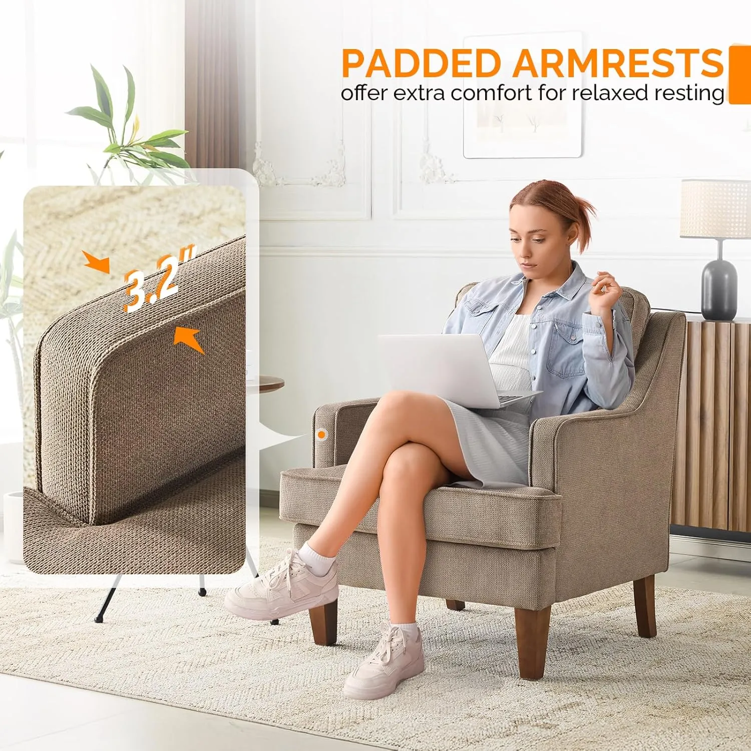 VINGLI Mid-Century Accent Arm Chair, Light Brown Upholstered Armchair Comfy Sofa Chair Reading Chair High Back Living Room Bedroom Furniture for Apartment