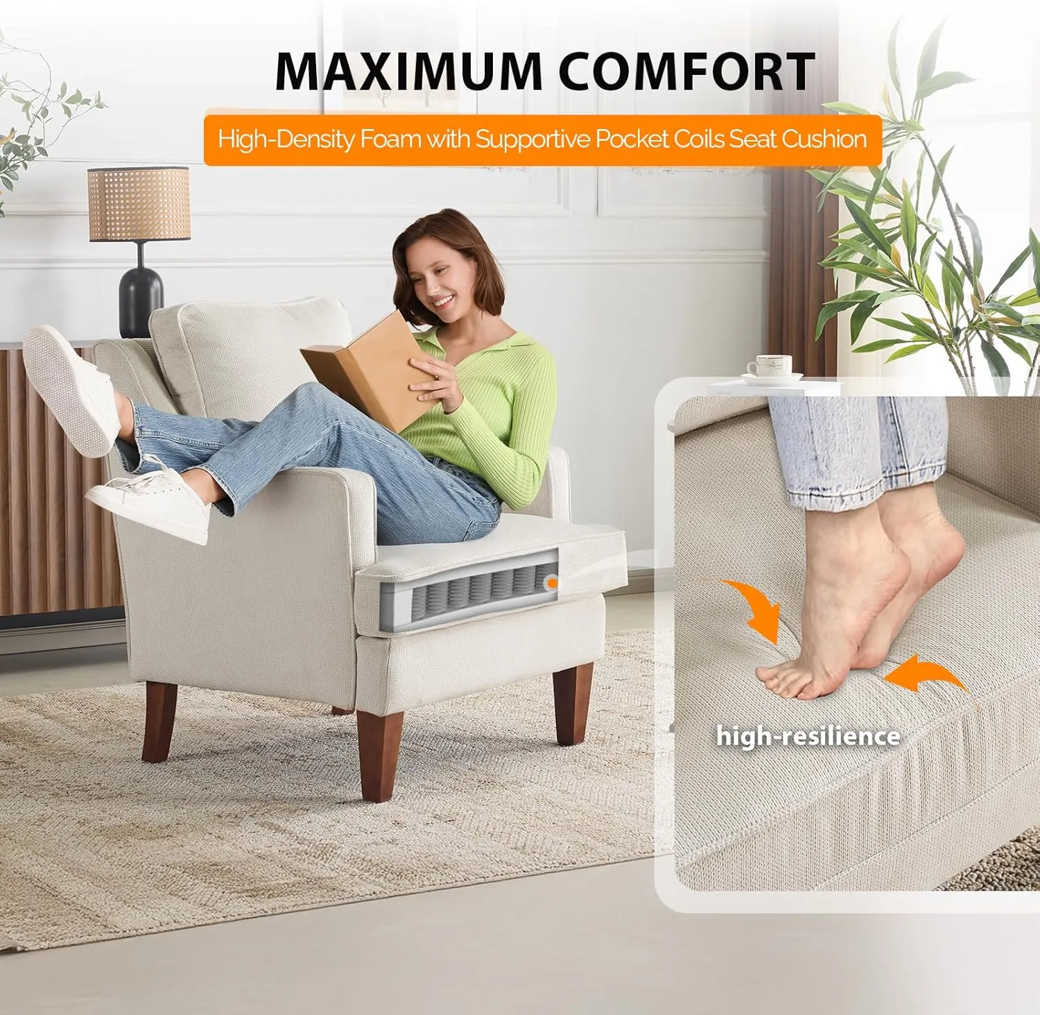 VINGLI Mid-Century Accent Chairs, Beige Upholstered Armchair Comfy Sofa Chair Reading Chair High Back Living Room Bedroom Furniture for Apartment