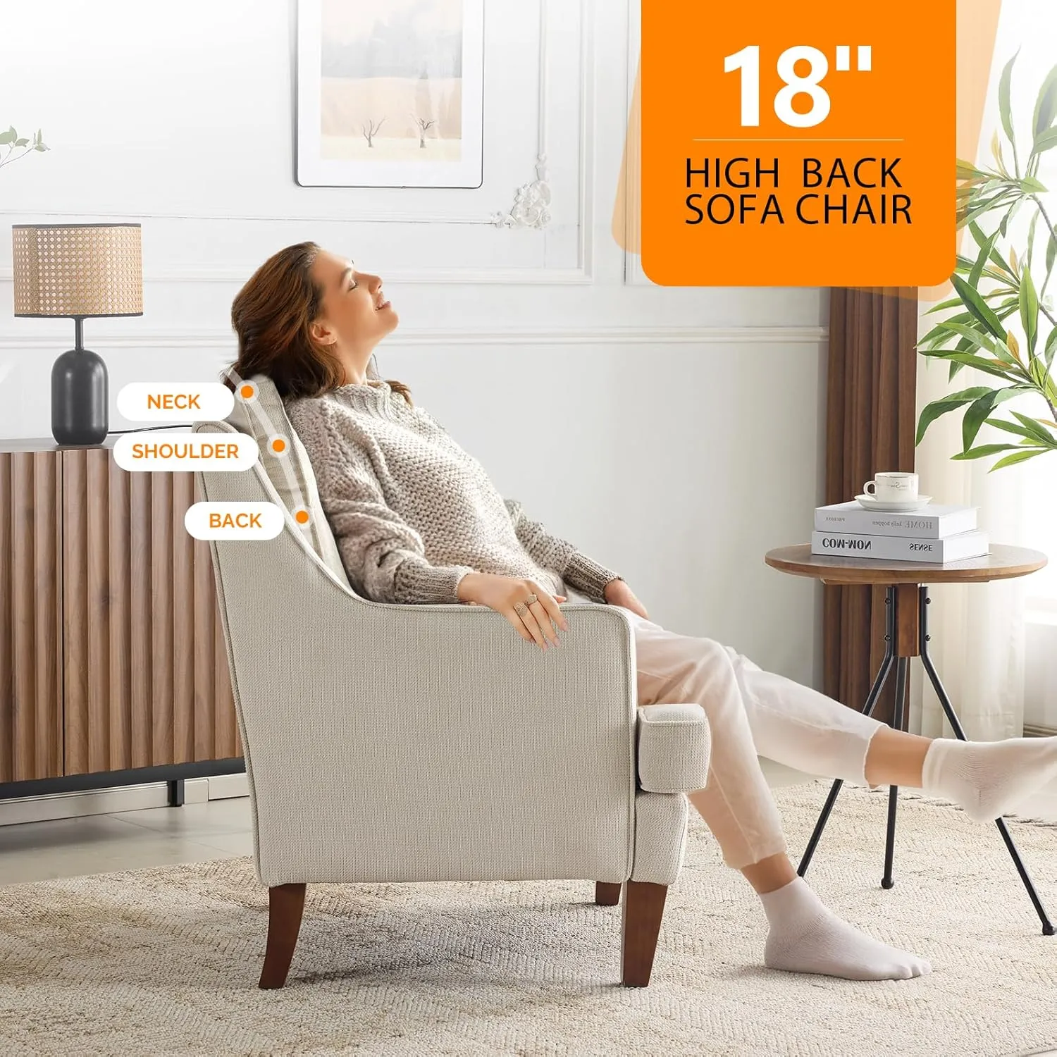 VINGLI Mid-Century Accent Chairs, Beige Upholstered Armchair Comfy Sofa Chair Reading Chair High Back Living Room Bedroom Furniture for Apartment