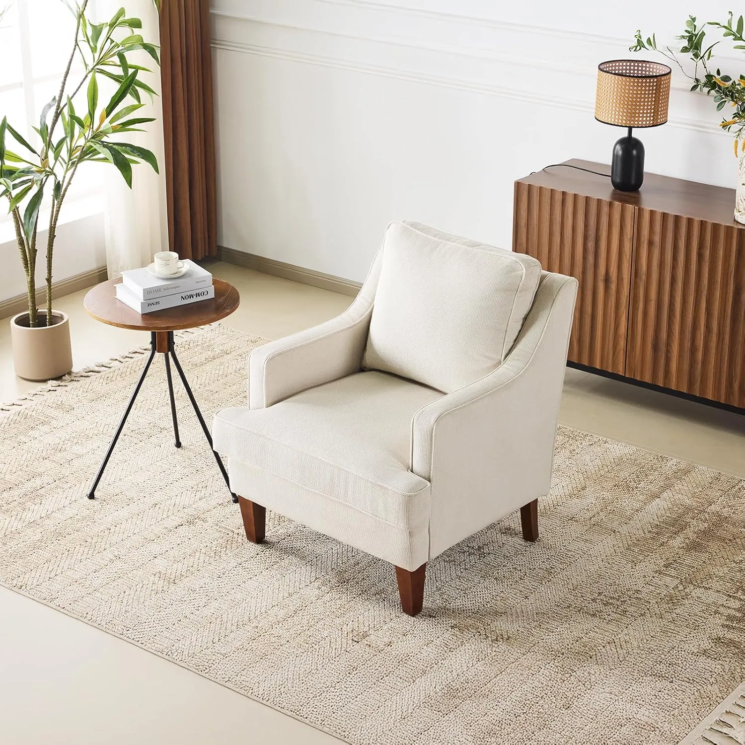 VINGLI Mid-Century Accent Chairs, Beige Upholstered Armchair Comfy Sofa Chair Reading Chair High Back Living Room Bedroom Furniture for Apartment