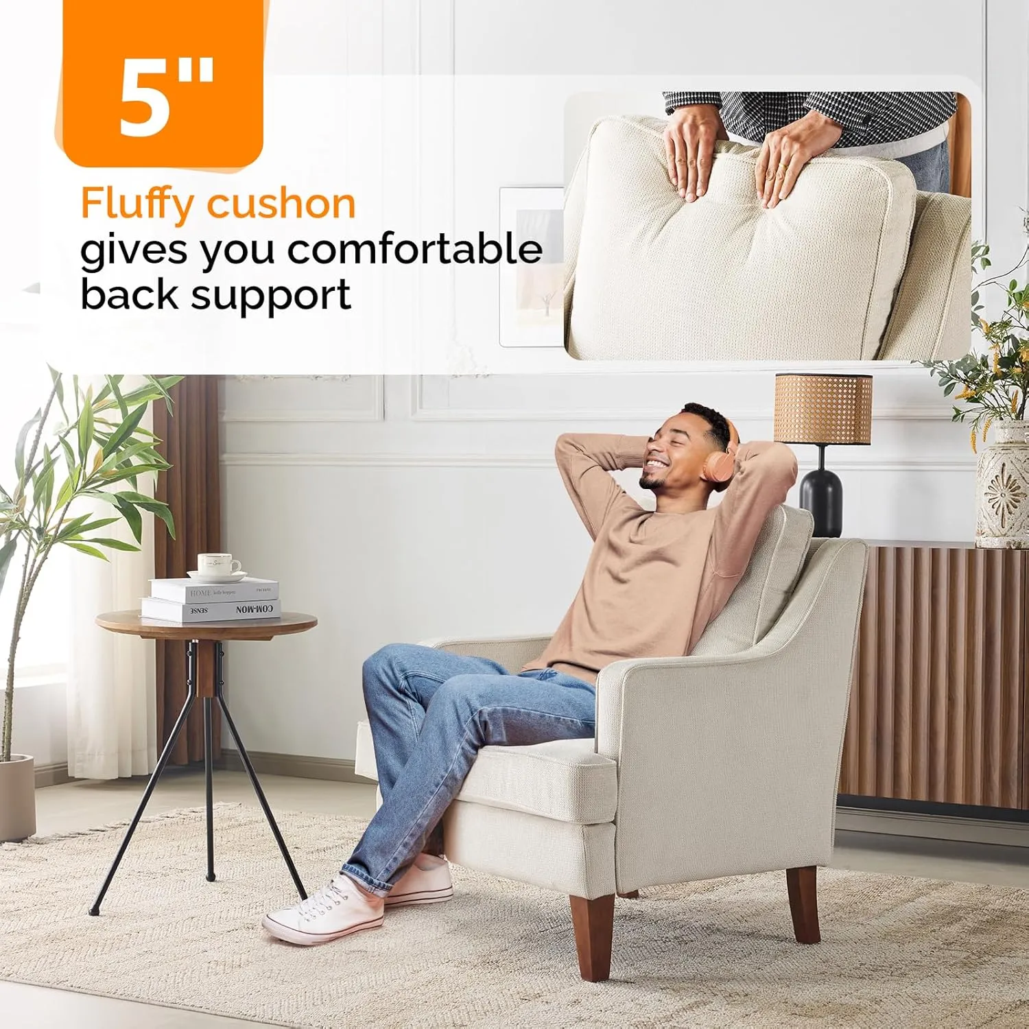 VINGLI Mid-Century Accent Chairs, Beige Upholstered Armchair Comfy Sofa Chair Reading Chair High Back Living Room Bedroom Furniture for Apartment