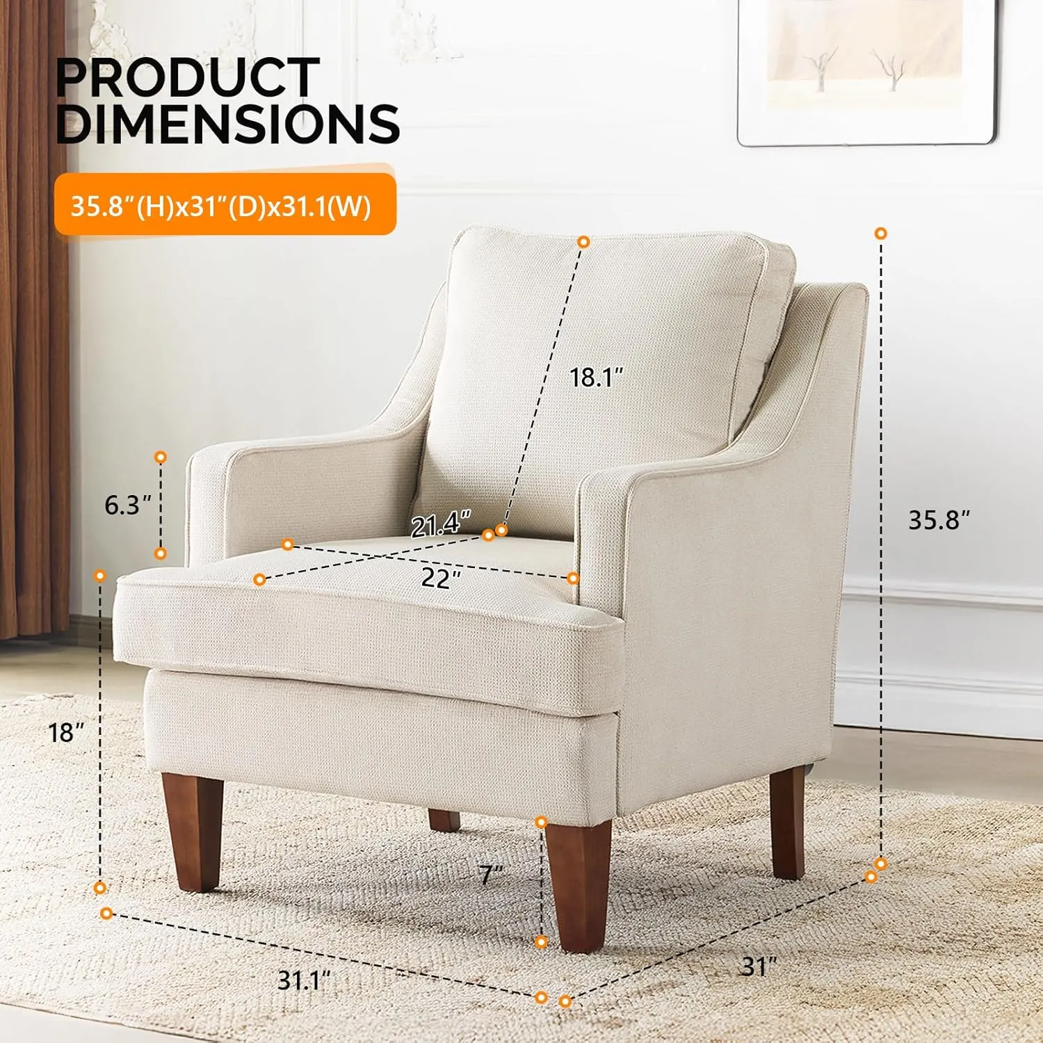 VINGLI Mid-Century Accent Chairs, Beige Upholstered Armchair Comfy Sofa Chair Reading Chair High Back Living Room Bedroom Furniture for Apartment