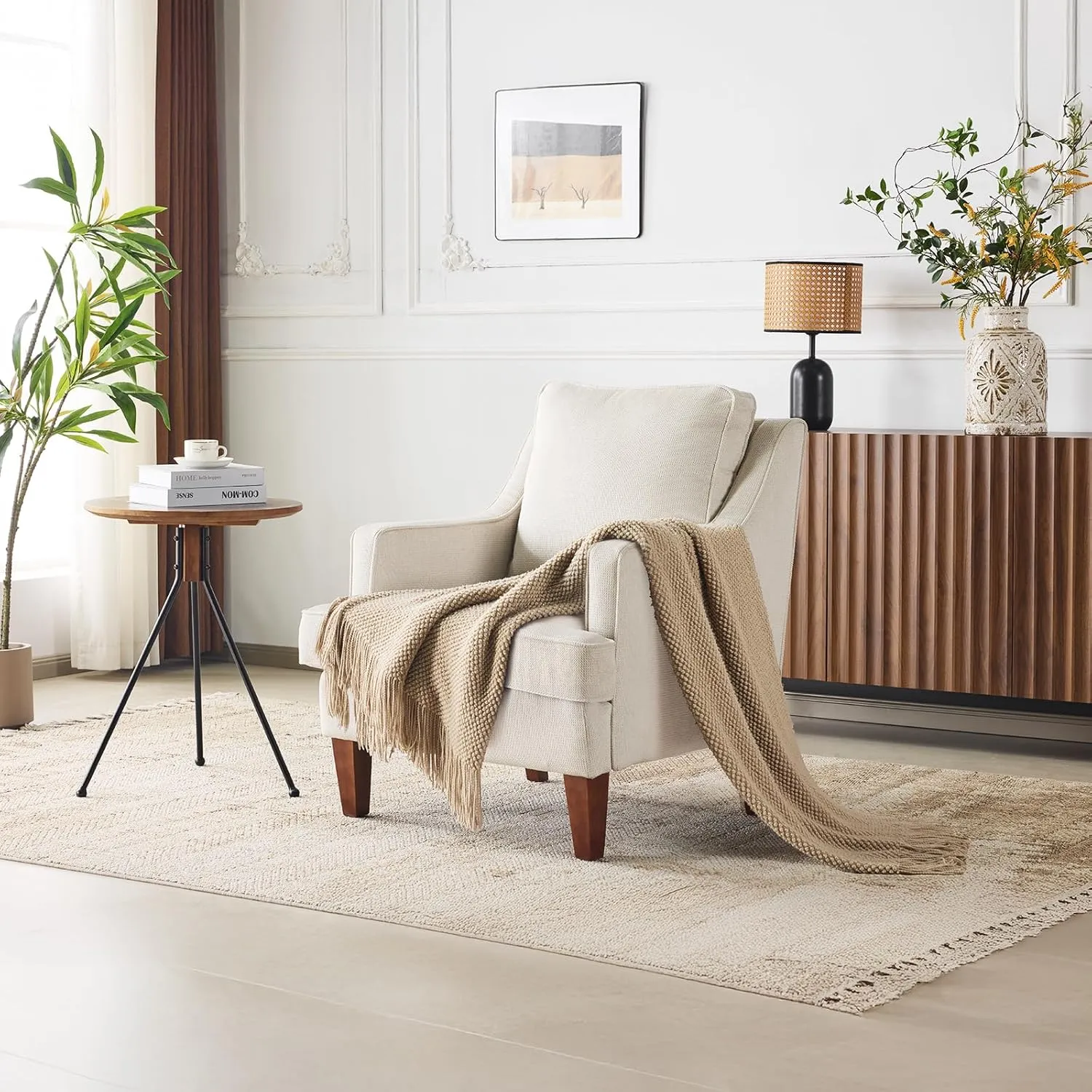 VINGLI Mid-Century Accent Chairs, Beige Upholstered Armchair Comfy Sofa Chair Reading Chair High Back Living Room Bedroom Furniture for Apartment