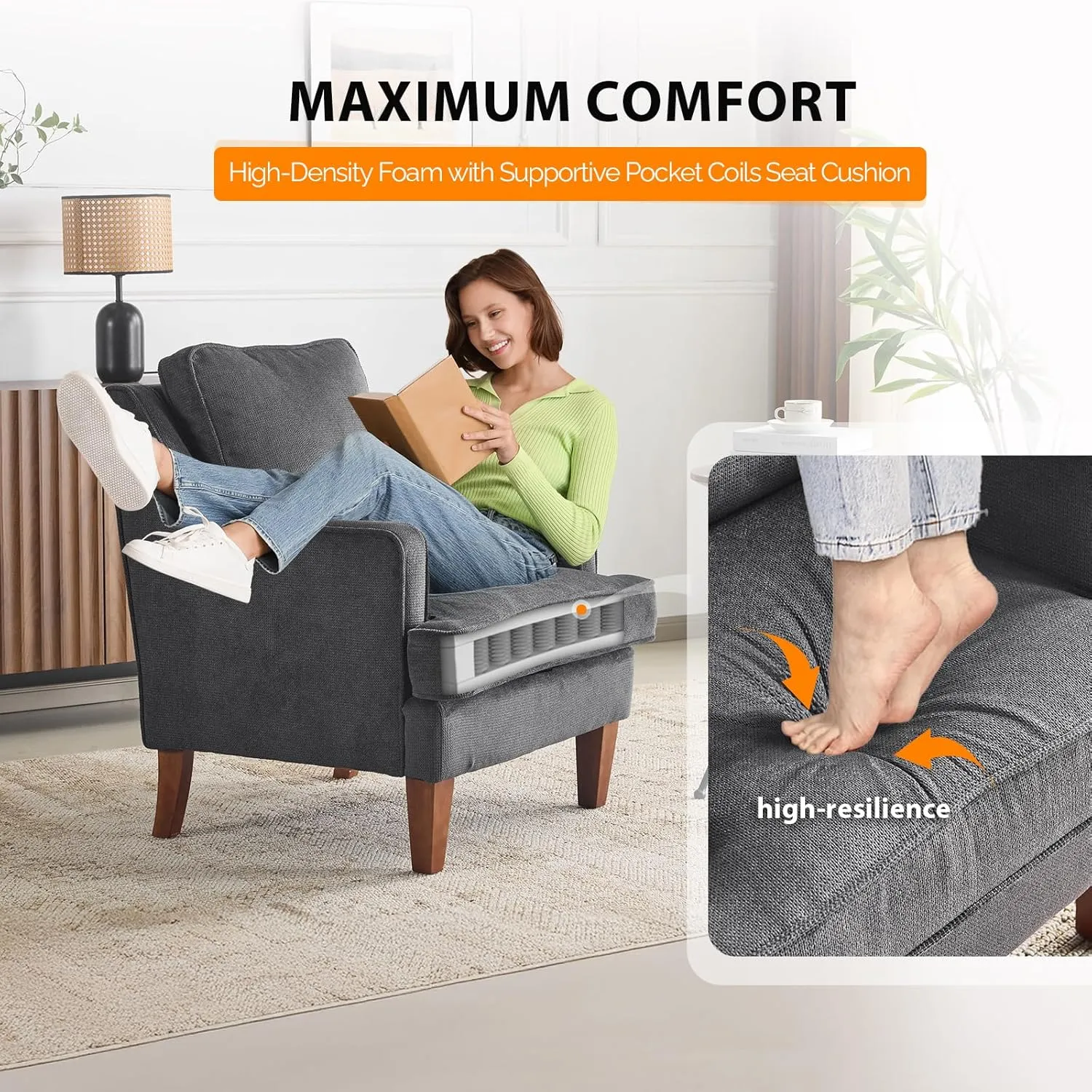 VINGLI Mid-Century Accent Chairs, Black Upholstered Armchair Comfy Sofa Chair Reading Chair High Back Living Room Bedroom Furniture for Apartment