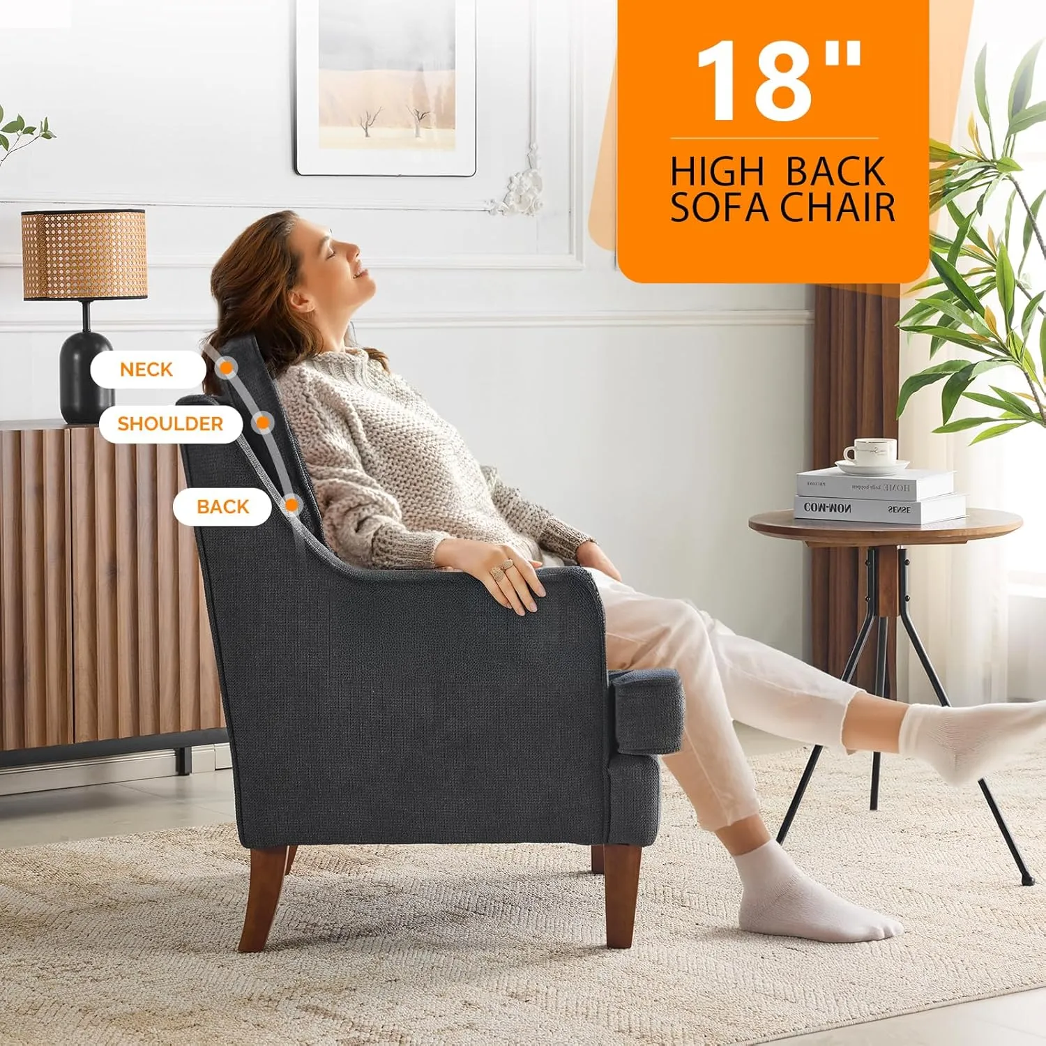 VINGLI Mid-Century Accent Chairs, Black Upholstered Armchair Comfy Sofa Chair Reading Chair High Back Living Room Bedroom Furniture for Apartment