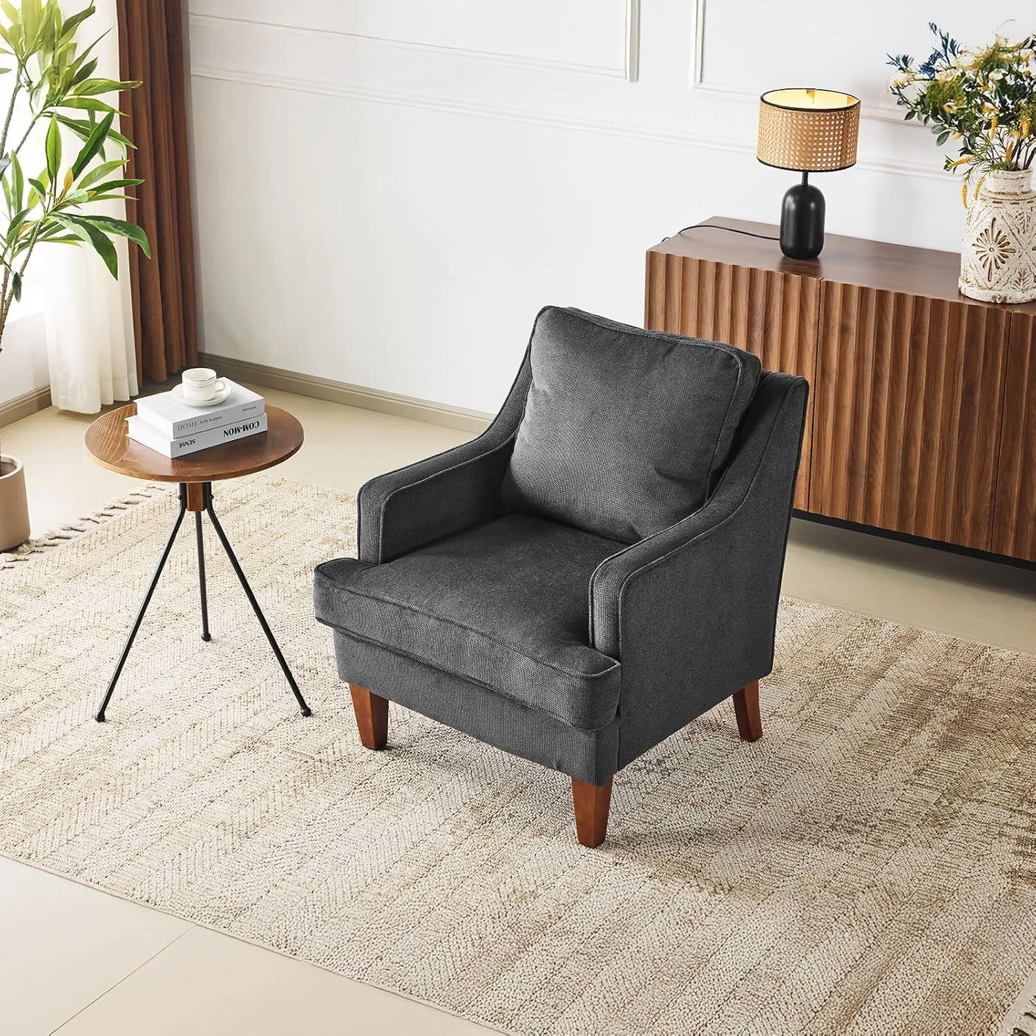 VINGLI Mid-Century Accent Chairs, Black Upholstered Armchair Comfy Sofa Chair Reading Chair High Back Living Room Bedroom Furniture for Apartment