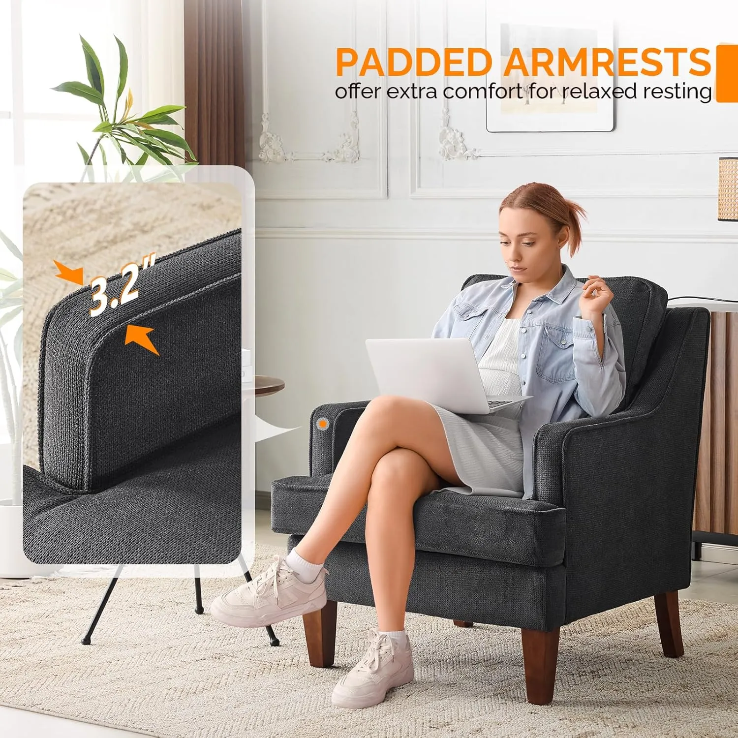 VINGLI Mid-Century Accent Chairs, Black Upholstered Armchair Comfy Sofa Chair Reading Chair High Back Living Room Bedroom Furniture for Apartment