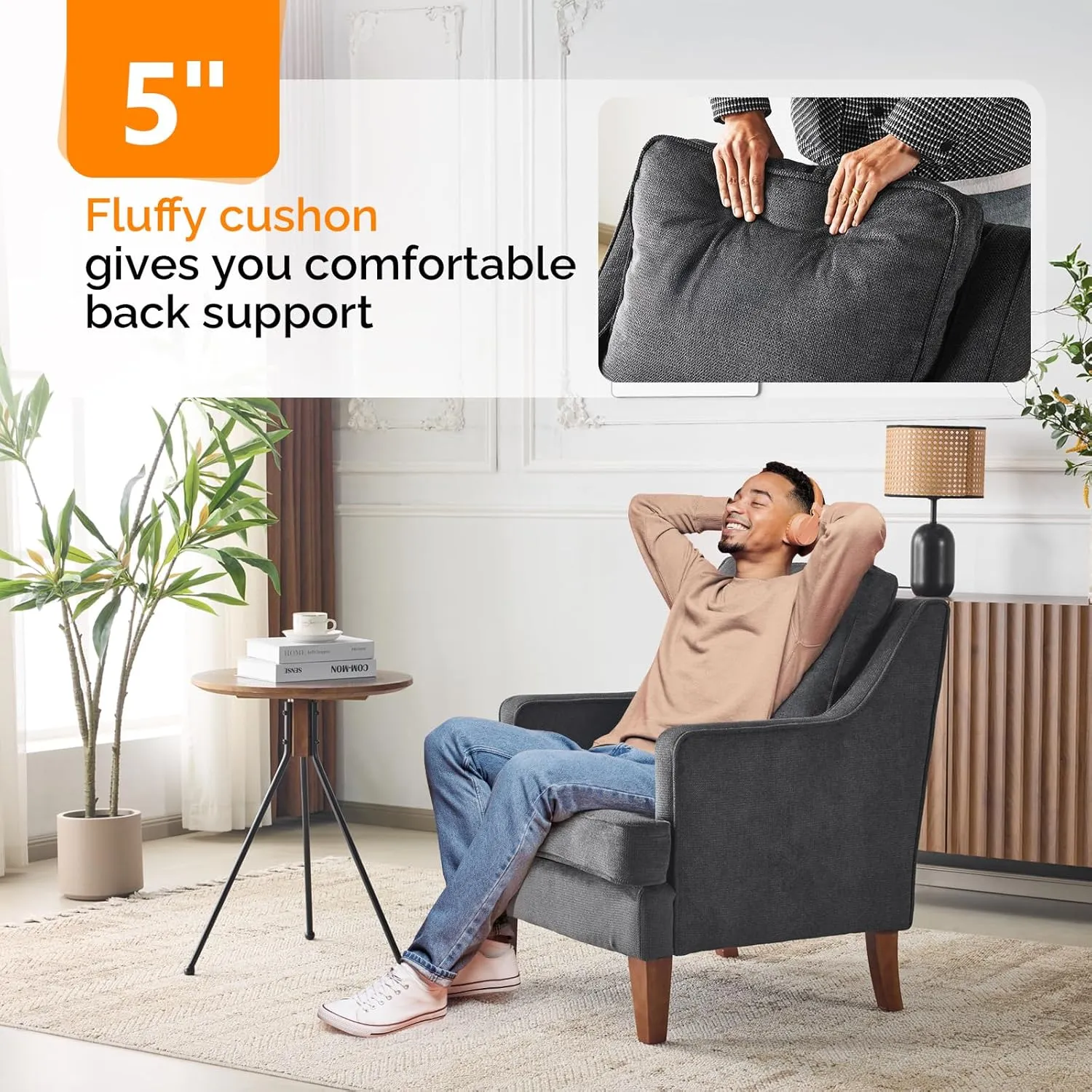 VINGLI Mid-Century Accent Chairs, Black Upholstered Armchair Comfy Sofa Chair Reading Chair High Back Living Room Bedroom Furniture for Apartment