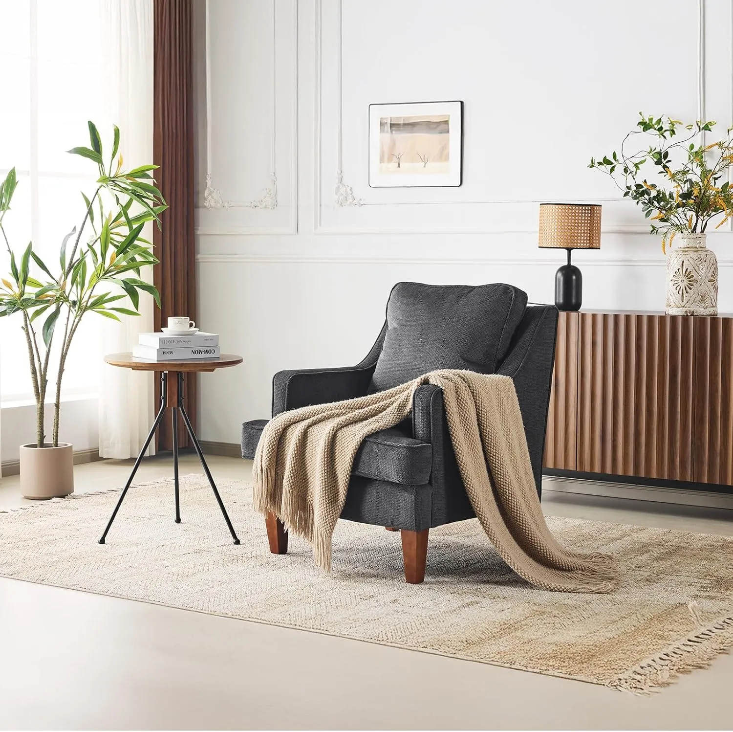 VINGLI Mid-Century Accent Chairs, Black Upholstered Armchair Comfy Sofa Chair Reading Chair High Back Living Room Bedroom Furniture for Apartment