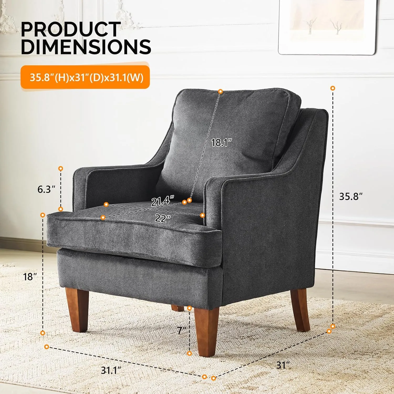 VINGLI Mid-Century Accent Chairs, Black Upholstered Armchair Comfy Sofa Chair Reading Chair High Back Living Room Bedroom Furniture for Apartment