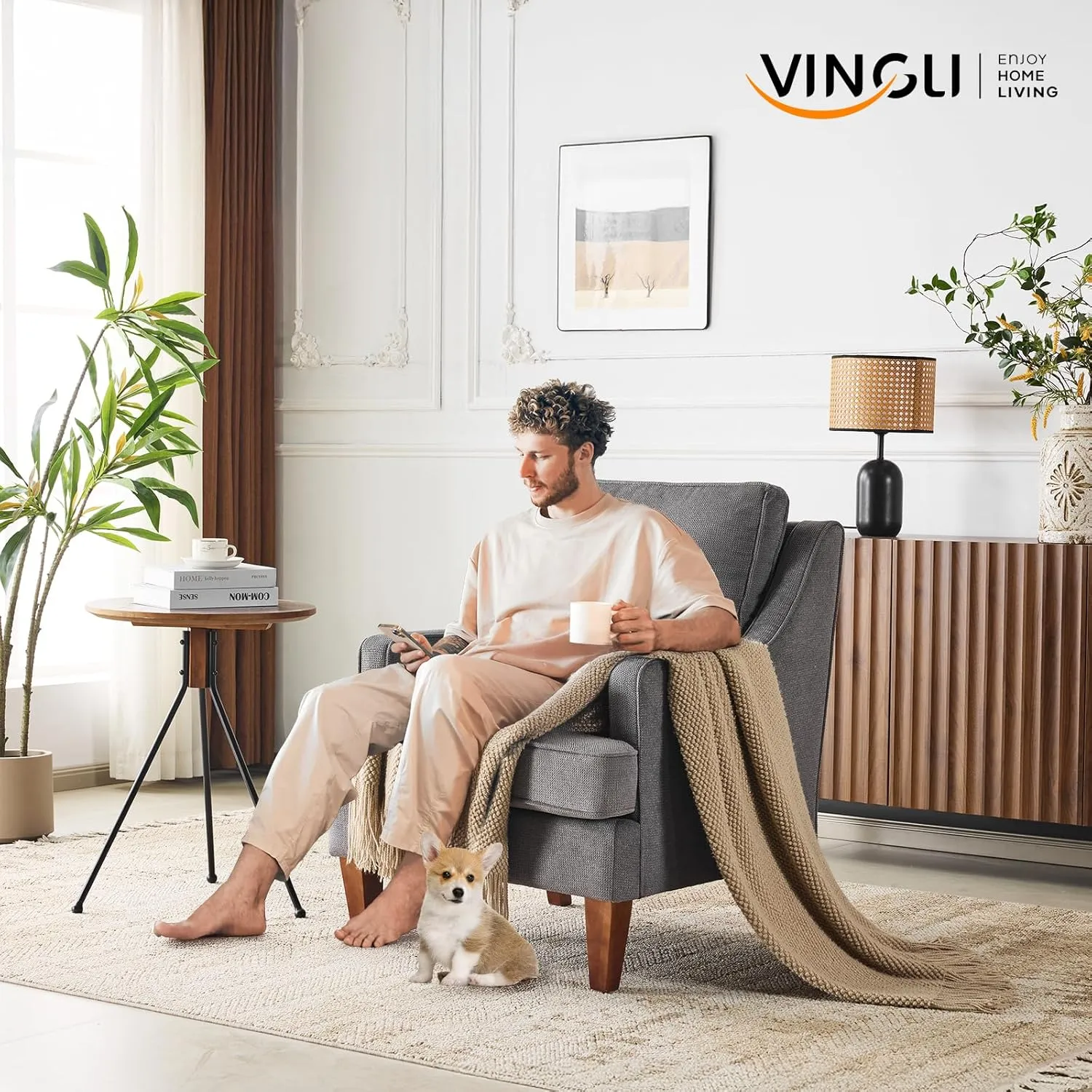 VINGLI Mid-Century Accent Chairs, Light Grey Upholstered Armchair Comfy Sofa Chair Reading Chair High Back Living Room Bedroom Furniture for Apartment