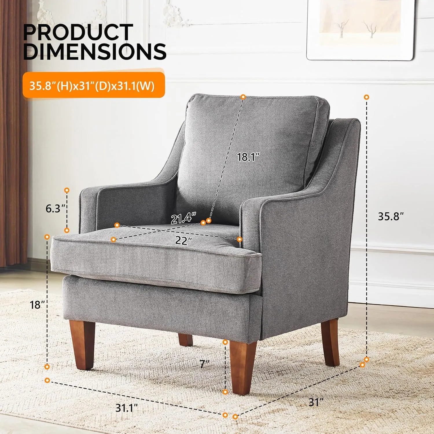 VINGLI Mid-Century Accent Chairs, Light Grey Upholstered Armchair Comfy Sofa Chair Reading Chair High Back Living Room Bedroom Furniture for Apartment