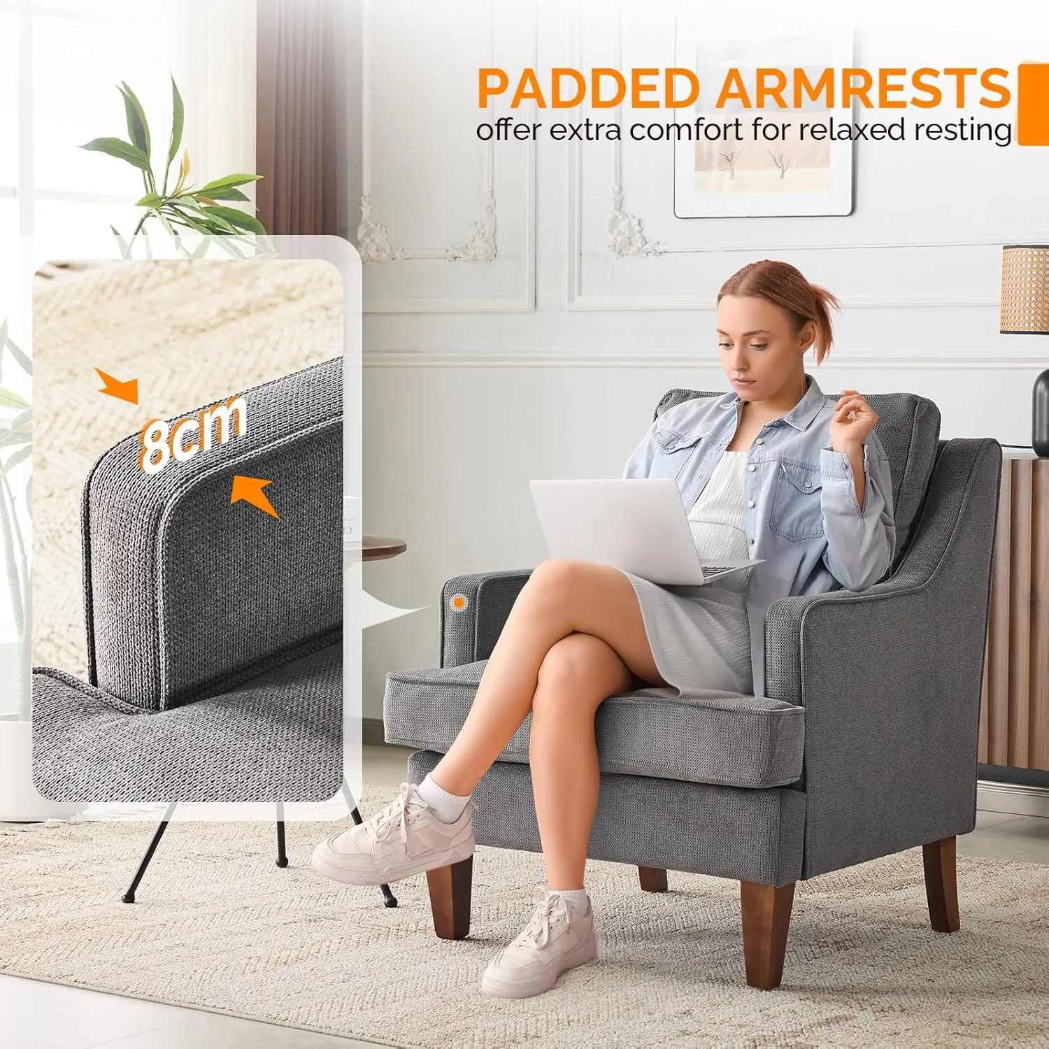VINGLI Mid-Century Accent Chairs, Light Grey Upholstered Armchair Comfy Sofa Chair Reading Chair High Back Living Room Bedroom Furniture for Apartment