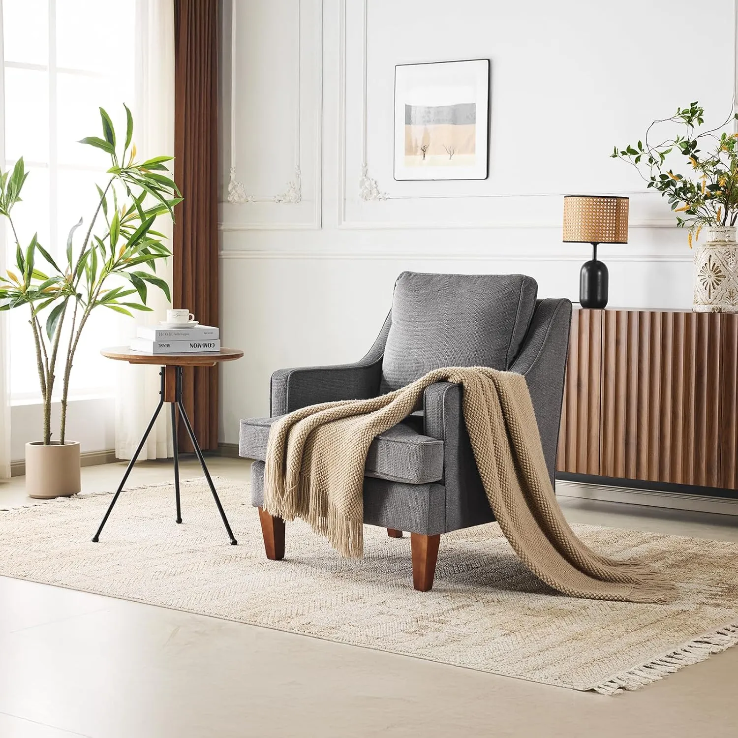 VINGLI Mid-Century Accent Chairs, Light Grey Upholstered Armchair Comfy Sofa Chair Reading Chair High Back Living Room Bedroom Furniture for Apartment