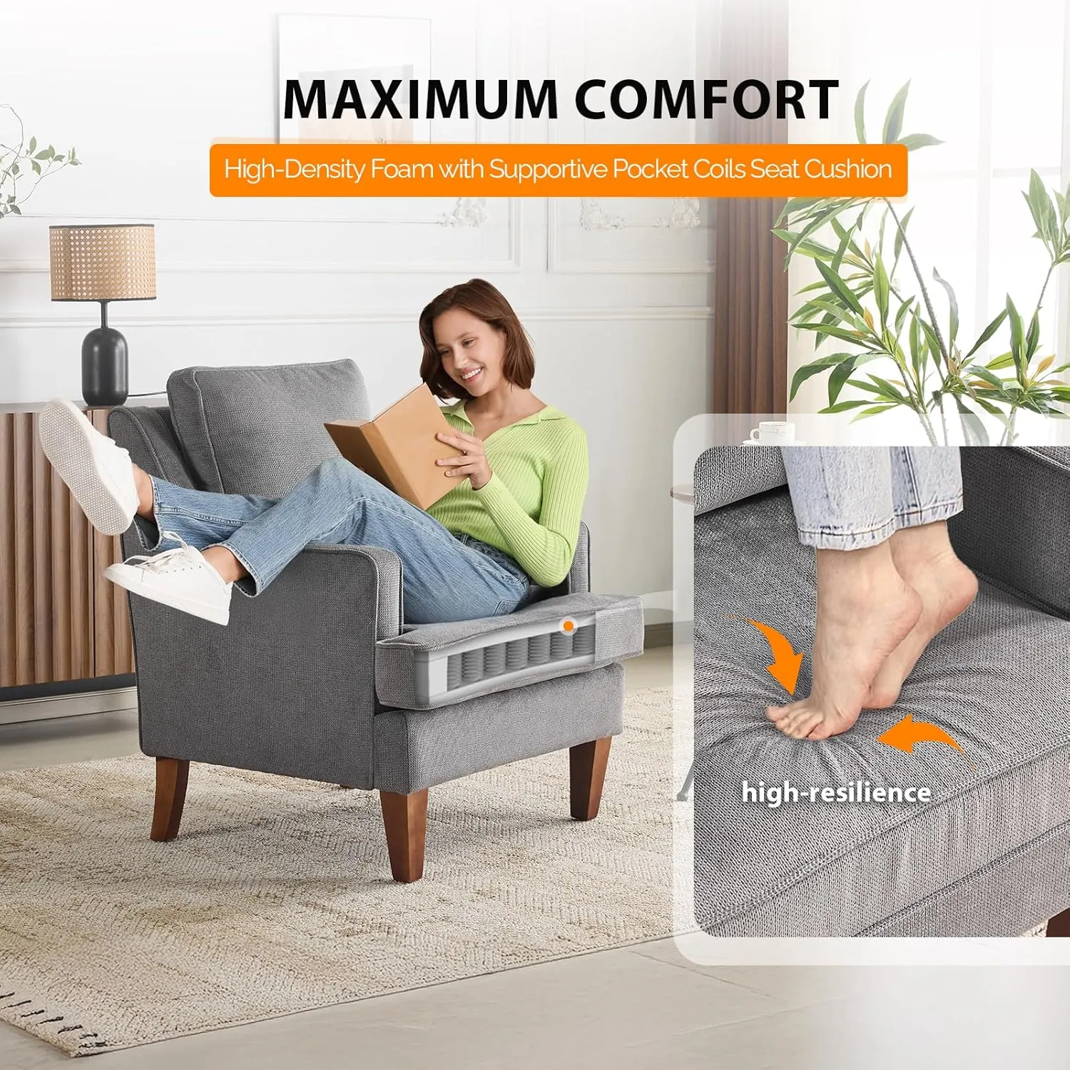 VINGLI Mid-Century Accent Chairs, Light Grey Upholstered Armchair Comfy Sofa Chair Reading Chair High Back Living Room Bedroom Furniture for Apartment