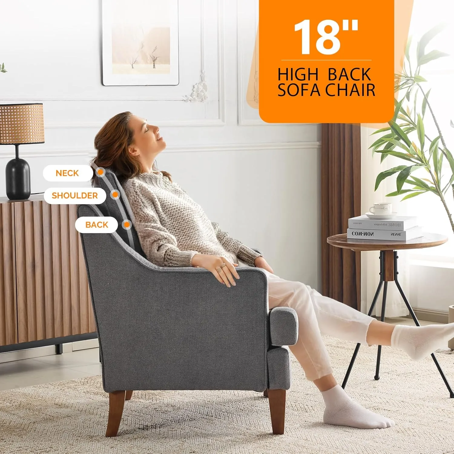 VINGLI Mid-Century Accent Chairs, Light Grey Upholstered Armchair Comfy Sofa Chair Reading Chair High Back Living Room Bedroom Furniture for Apartment