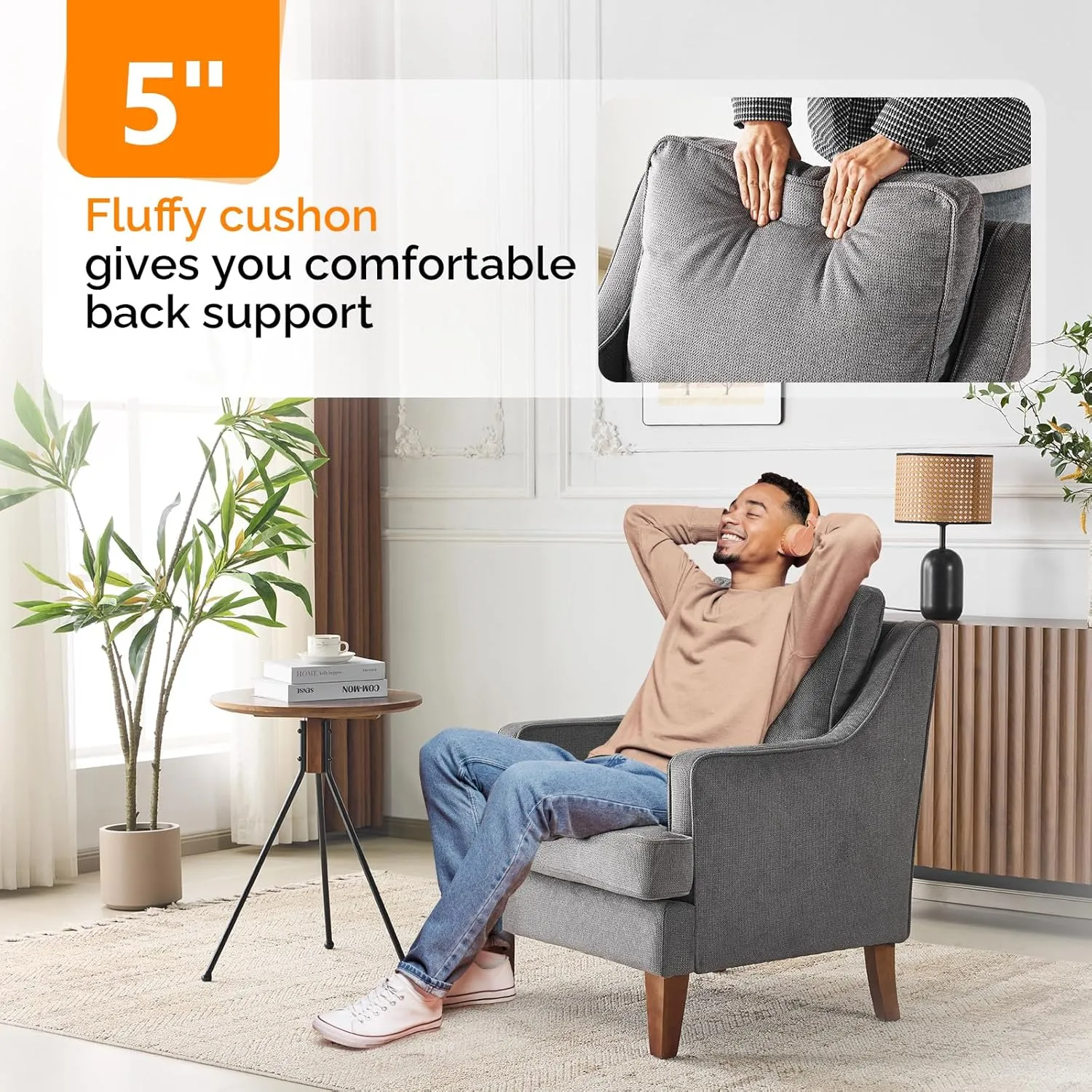 VINGLI Mid-Century Accent Chairs, Light Grey Upholstered Armchair Comfy Sofa Chair Reading Chair High Back Living Room Bedroom Furniture for Apartment