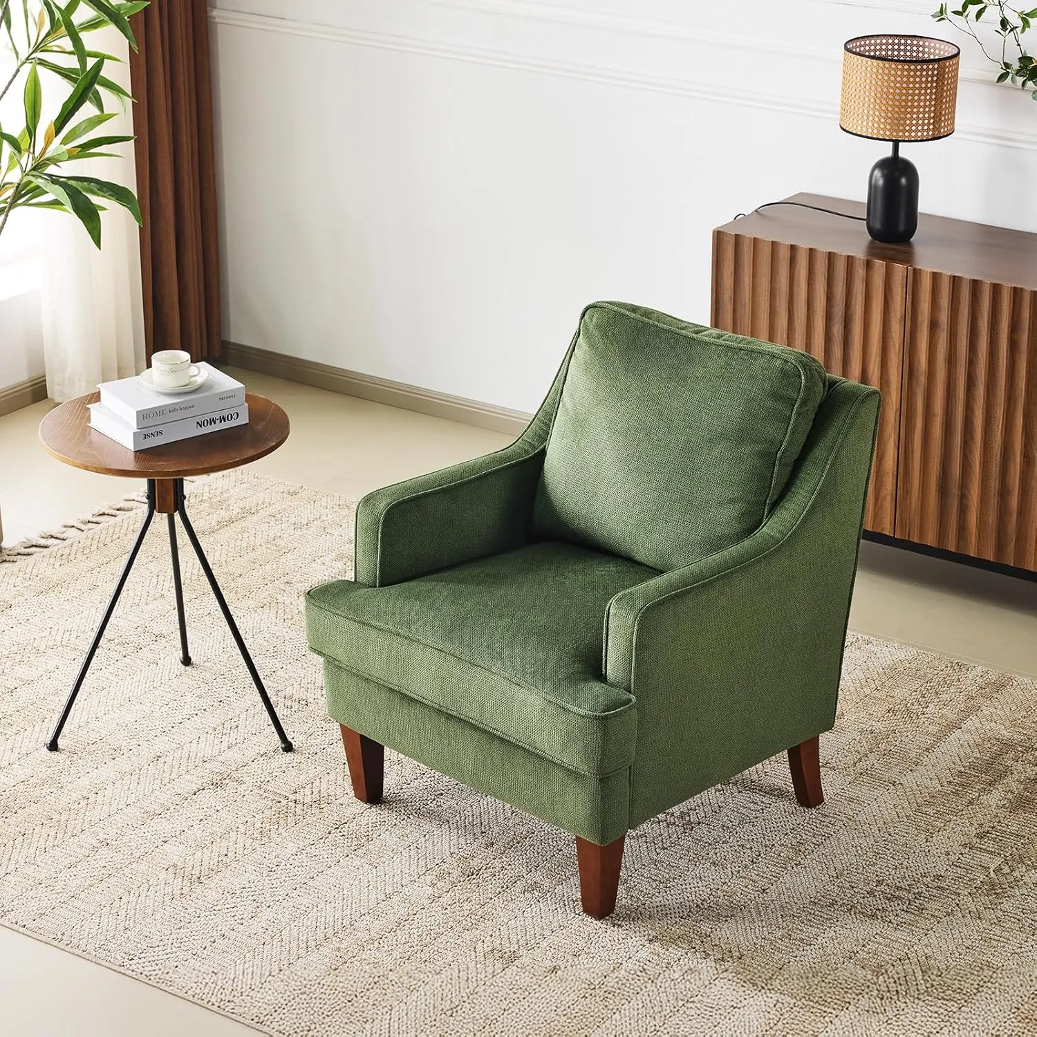 VINGLI Mid Century Modern Accent Chair, Green Upholstered Armchair Comfy Sofa Chairs Reading Chair High Back Living Room Bedroom Furniture for Apartment