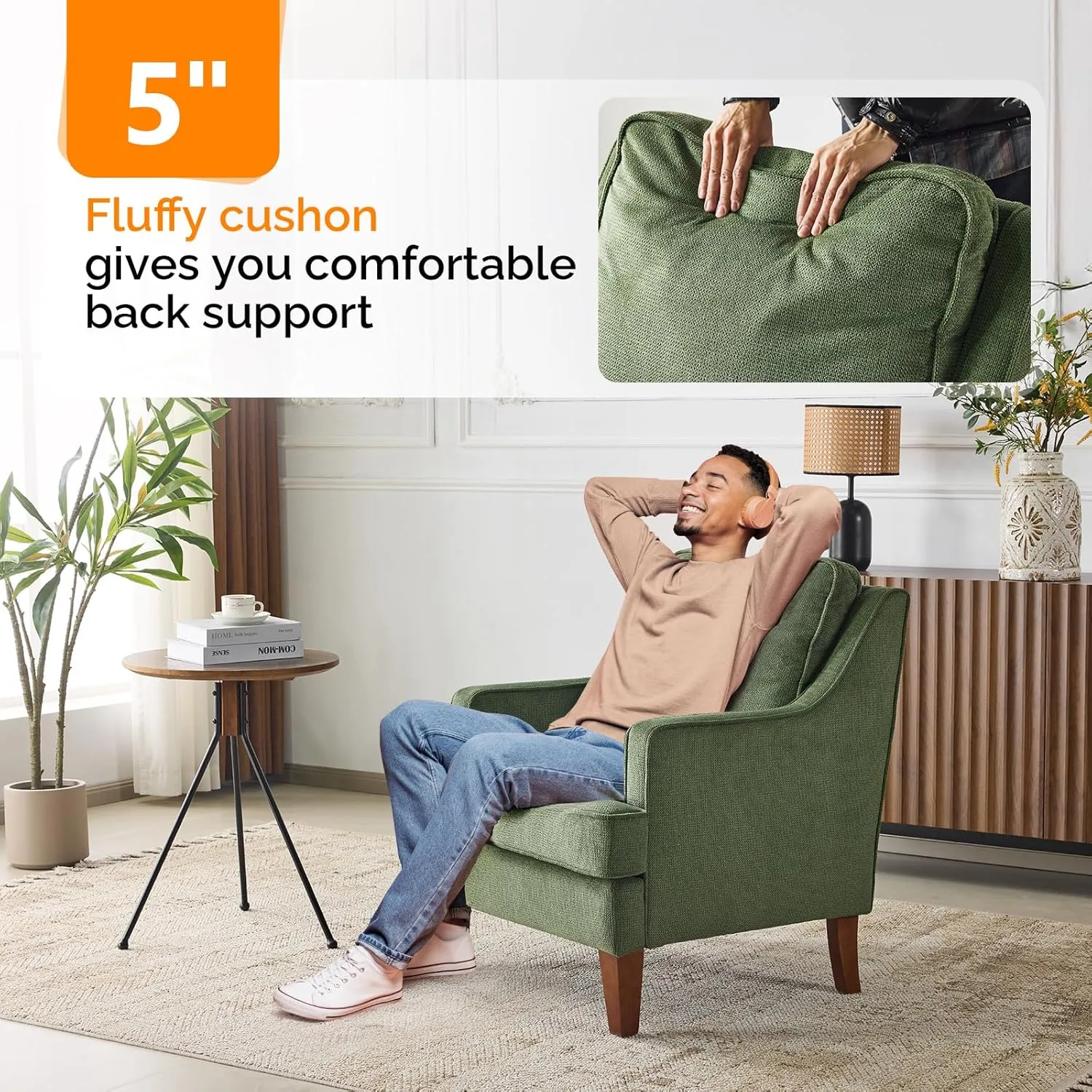 VINGLI Mid Century Modern Accent Chair, Green Upholstered Armchair Comfy Sofa Chairs Reading Chair High Back Living Room Bedroom Furniture for Apartment