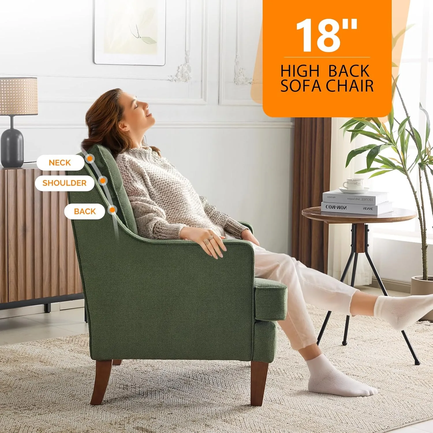 VINGLI Mid Century Modern Accent Chair, Green Upholstered Armchair Comfy Sofa Chairs Reading Chair High Back Living Room Bedroom Furniture for Apartment