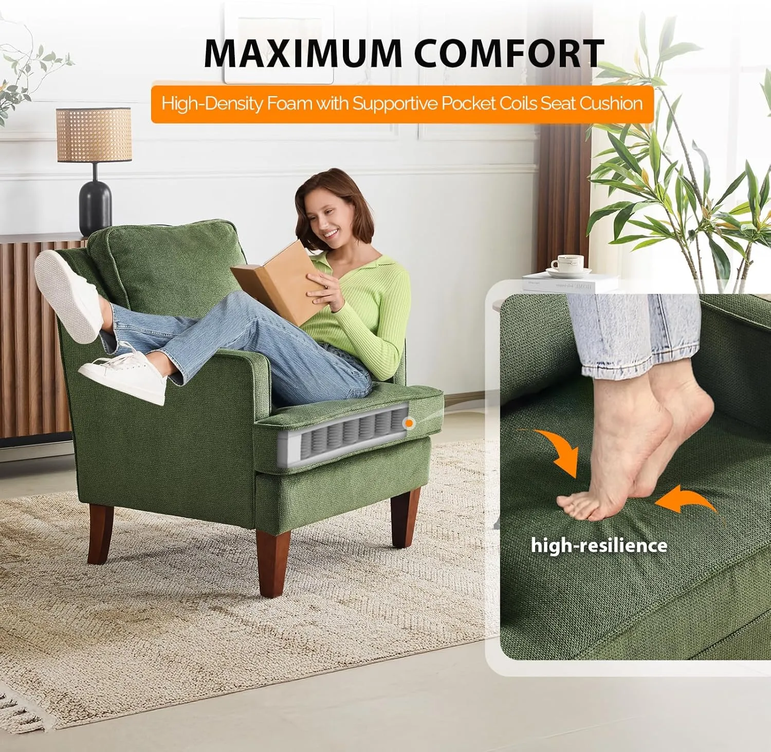 VINGLI Mid Century Modern Accent Chair, Green Upholstered Armchair Comfy Sofa Chairs Reading Chair High Back Living Room Bedroom Furniture for Apartment