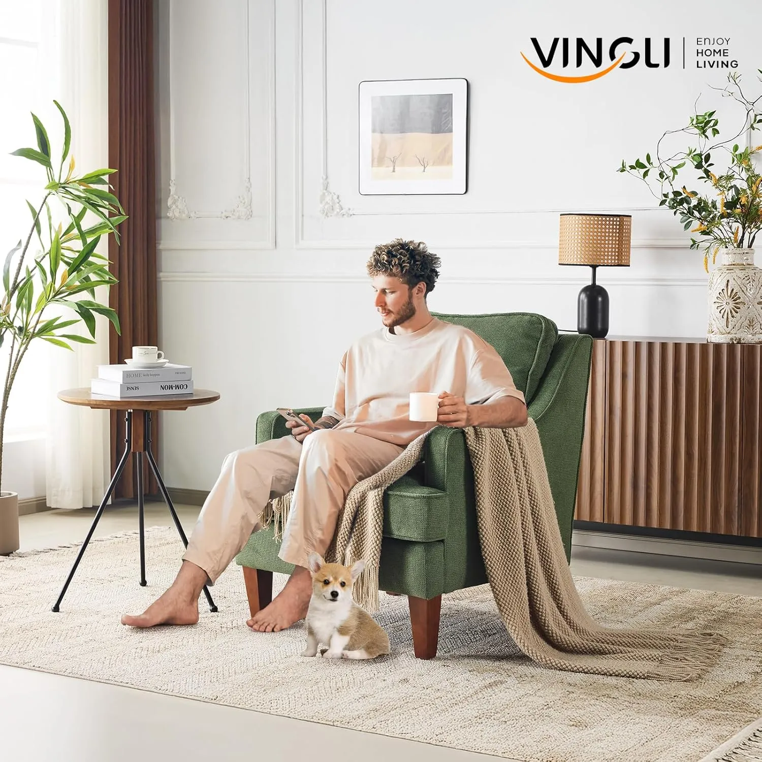 VINGLI Mid Century Modern Accent Chair, Green Upholstered Armchair Comfy Sofa Chairs Reading Chair High Back Living Room Bedroom Furniture for Apartment