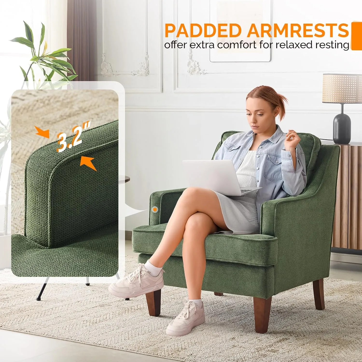 VINGLI Mid Century Modern Accent Chair, Green Upholstered Armchair Comfy Sofa Chairs Reading Chair High Back Living Room Bedroom Furniture for Apartment