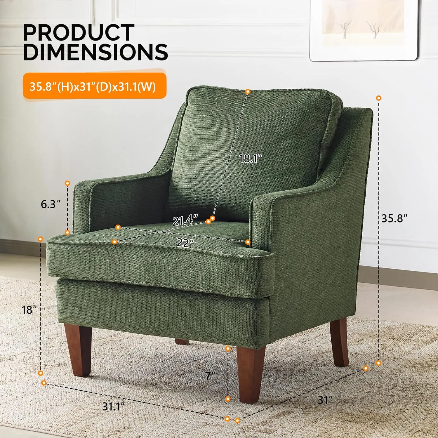 VINGLI Mid Century Modern Accent Chair, Green Upholstered Armchair Comfy Sofa Chairs Reading Chair High Back Living Room Bedroom Furniture for Apartment