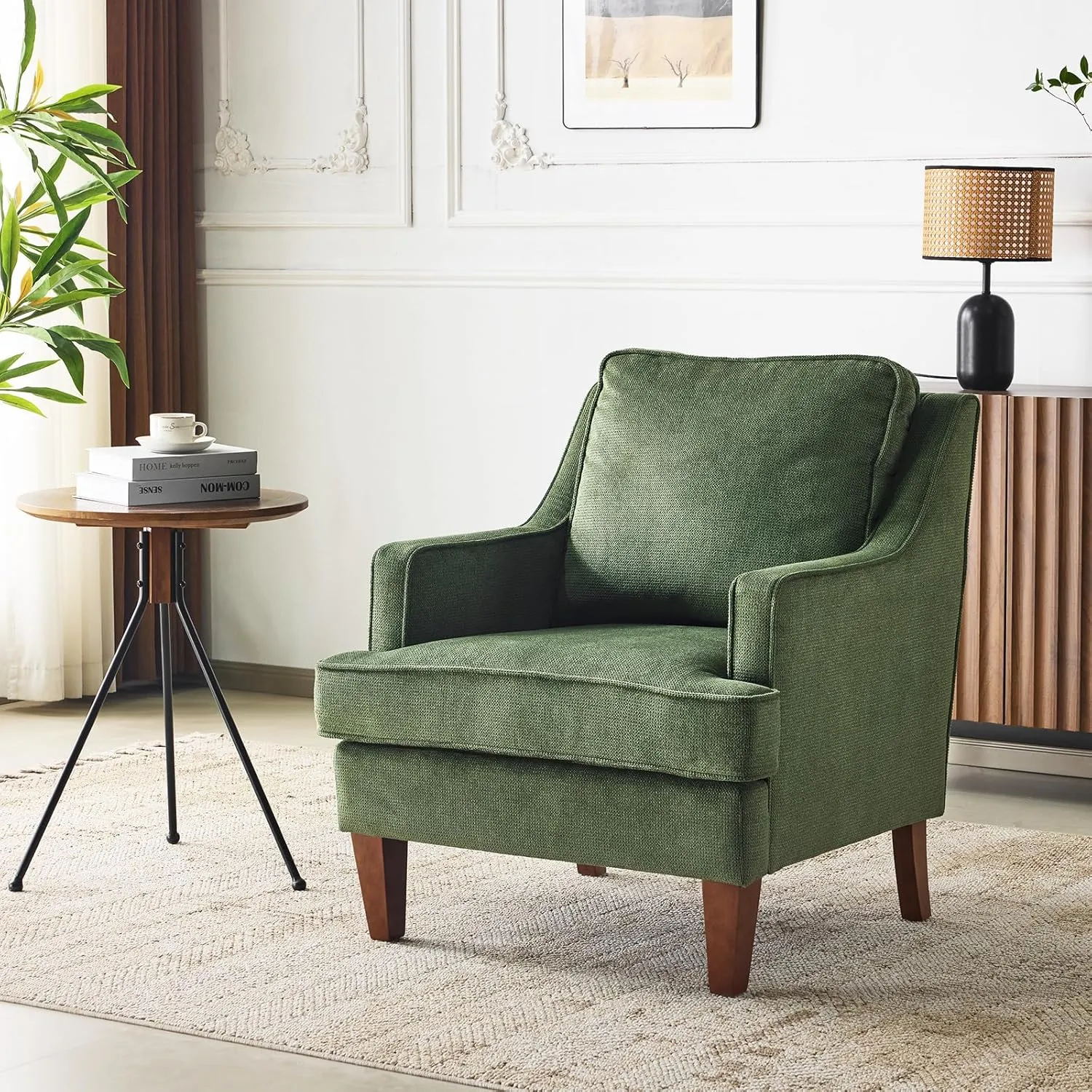 VINGLI Mid Century Modern Accent Chair, Green Upholstered Armchair Comfy Sofa Chairs Reading Chair High Back Living Room Bedroom Furniture for Apartment