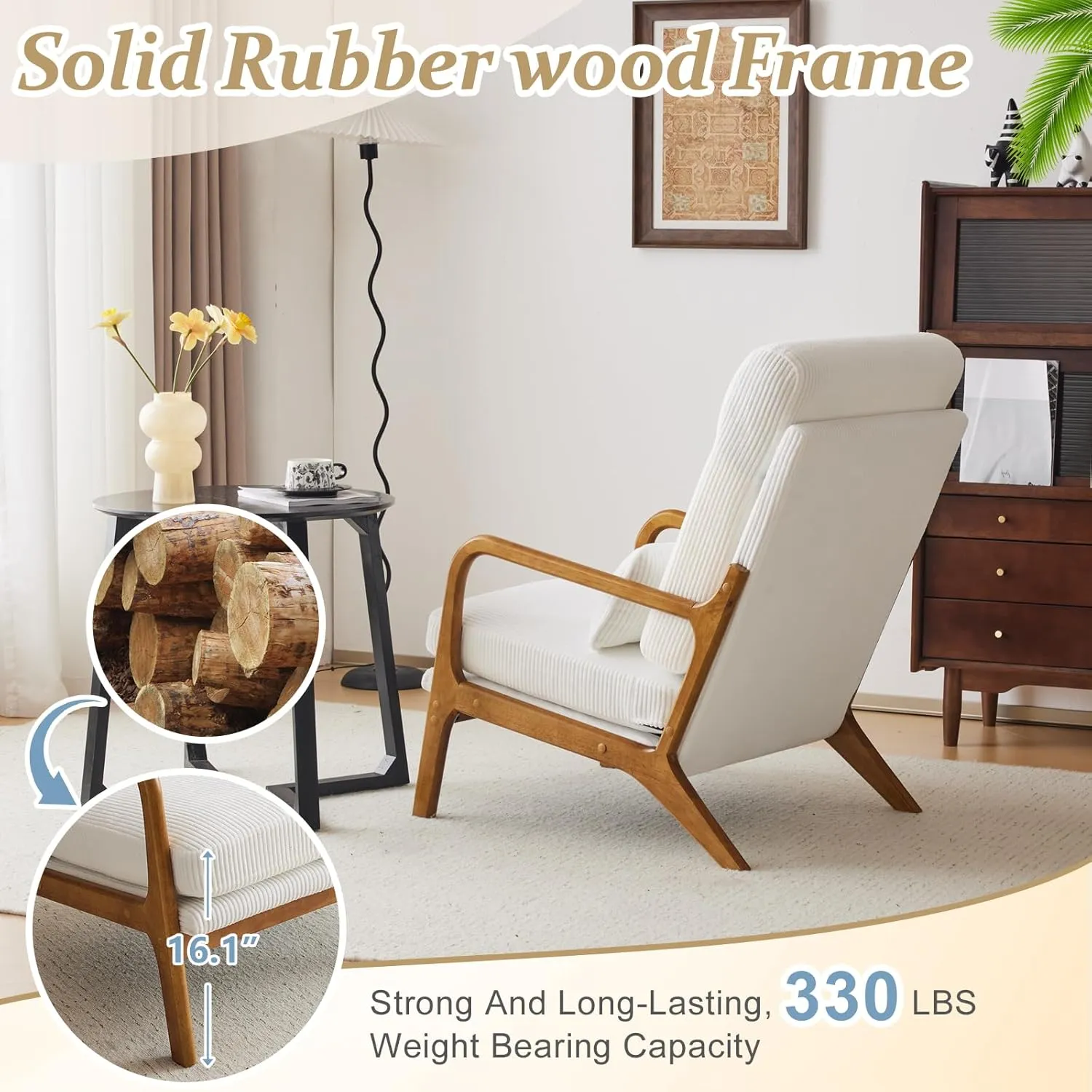 VINGLI Upgraded Premium Corduroy High Back Accent Chair,Upholstered Arm Chair,Solid Wood Comfy Reading Chair with Lumbar Pillow, Mid Century Modern Chairs for Living Room,Bedroom,Guest Room, White