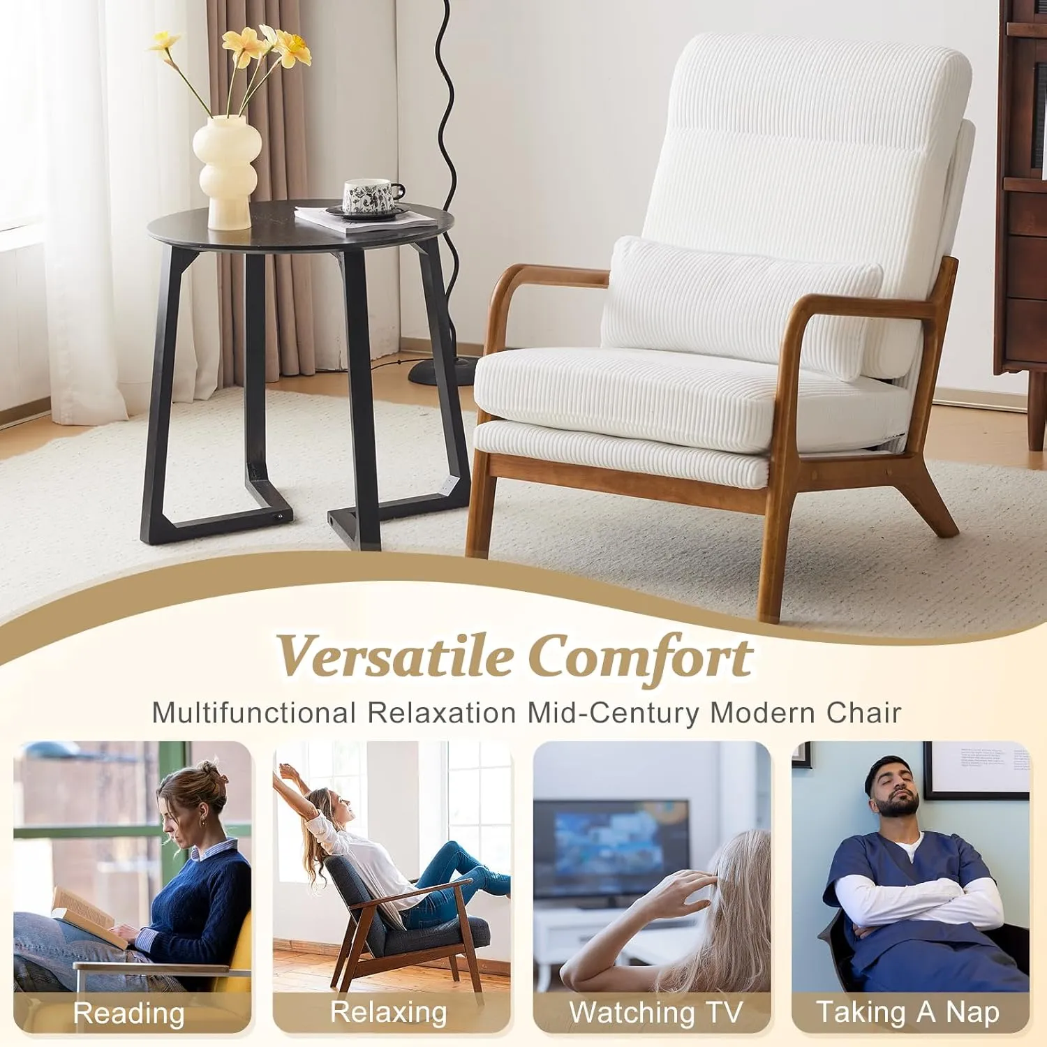 VINGLI Upgraded Premium Corduroy High Back Accent Chair,Upholstered Arm Chair,Solid Wood Comfy Reading Chair with Lumbar Pillow, Mid Century Modern Chairs for Living Room,Bedroom,Guest Room, White