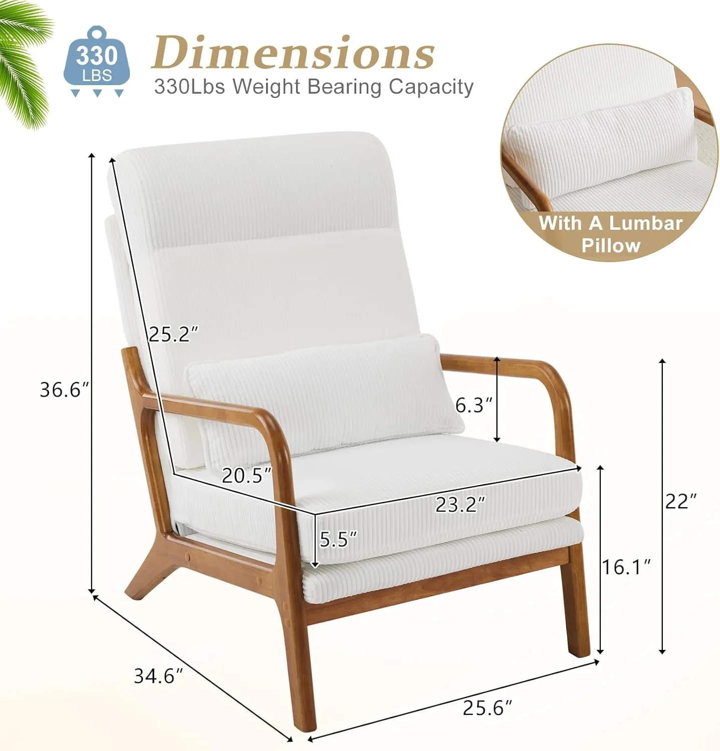 VINGLI Upgraded Premium Corduroy High Back Accent Chair,Upholstered Arm Chair,Solid Wood Comfy Reading Chair with Lumbar Pillow, Mid Century Modern Chairs for Living Room,Bedroom,Guest Room, White