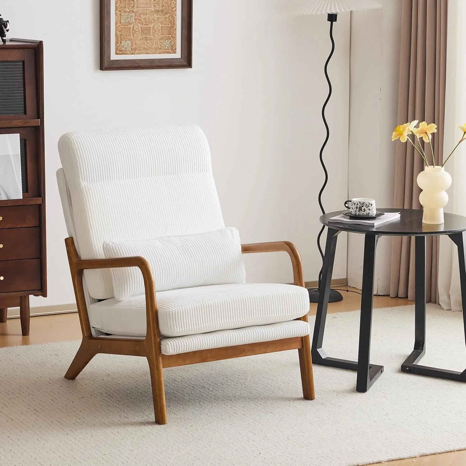 VINGLI Upgraded Premium Corduroy High Back Accent Chair,Upholstered Arm Chair,Solid Wood Comfy Reading Chair with Lumbar Pillow, Mid Century Modern Chairs for Living Room,Bedroom,Guest Room, White
