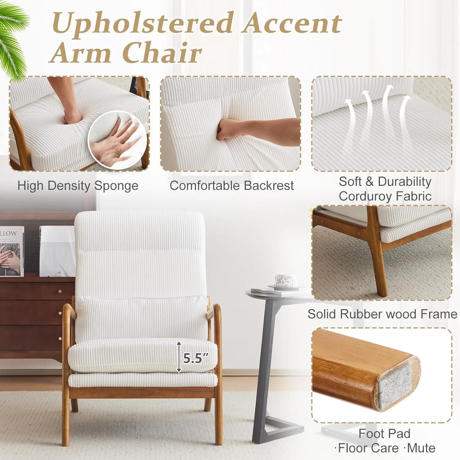 VINGLI Upgraded Premium Corduroy High Back Accent Chair,Upholstered Arm Chair,Solid Wood Comfy Reading Chair with Lumbar Pillow, Mid Century Modern Chairs for Living Room,Bedroom,Guest Room, White