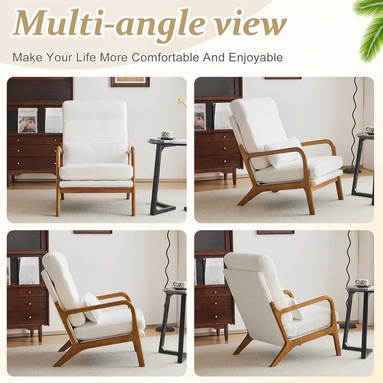 VINGLI Upgraded Premium Corduroy High Back Accent Chair,Upholstered Arm Chair,Solid Wood Comfy Reading Chair with Lumbar Pillow, Mid Century Modern Chairs for Living Room,Bedroom,Guest Room, White