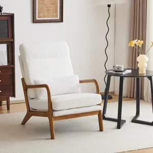 VINGLI Upgraded Premium Corduroy High Back Accent Chair,Upholstered Arm Chair,Solid Wood Comfy Reading Chair with Lumbar Pillow, Mid Century Modern Chairs for Living Room,Bedroom,Guest Room, White