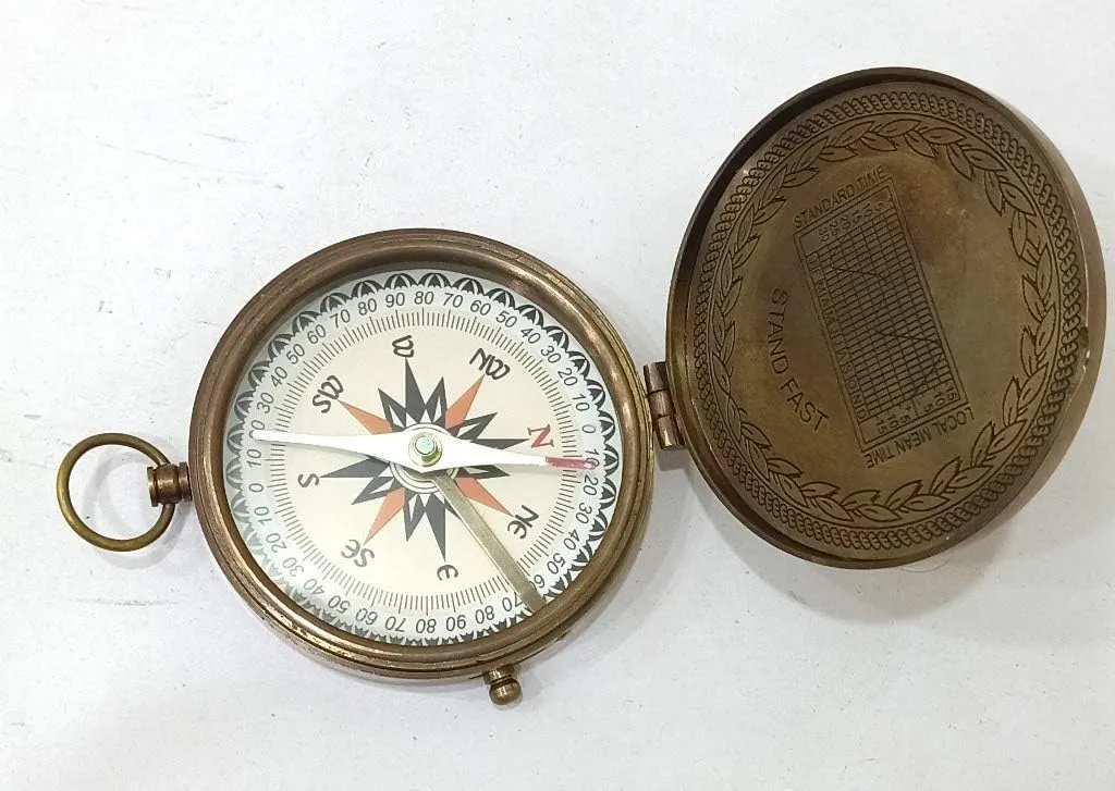 Vintage Brass Engraved Compass Nautical Push Open Pocket Compass for Traveling Camping Hiking Tool