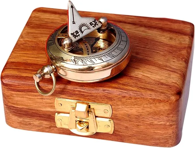 Vintage Brass Sundial Compass with Leather Case - Antique Brass & Copper Sun Clock for Camping, Hiking, Touring - Engraved Gift for Him - Nautical Ship Replica Watch - Sundial Clock in Box