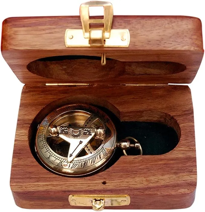Vintage Brass Sundial Compass with Leather Case - Antique Brass & Copper Sun Clock for Camping, Hiking, Touring - Engraved Gift for Him - Nautical Ship Replica Watch - Sundial Clock in Box
