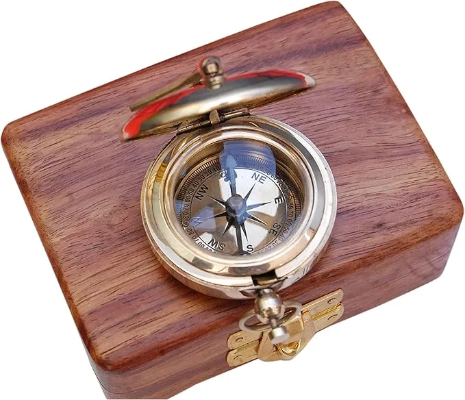 Vintage Brass Sundial Compass with Leather Case - Antique Brass & Copper Sun Clock for Camping, Hiking, Touring - Engraved Gift for Him - Nautical Ship Replica Watch - Sundial Clock in Box