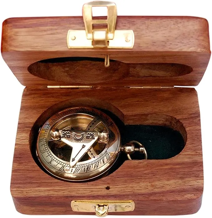 Vintage Brass Sundial Compass with Leather Case - Antique Brass & Copper Sun Clock for Camping, Hiking, Touring - Engraved Gift for Him - Nautical Ship Replica Watch - Sundial Clock in Box