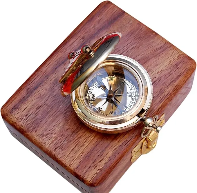 Vintage Brass Sundial Compass with Leather Case - Antique Brass & Copper Sun Clock for Camping, Hiking, Touring - Engraved Gift for Him - Nautical Ship Replica Watch - Sundial Clock in Box