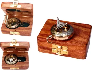 Vintage Brass Sundial Compass with Leather Case - Antique Brass & Copper Sun Clock for Camping, Hiking, Touring - Engraved Gift for Him - Nautical Ship Replica Watch - Sundial Clock in Box