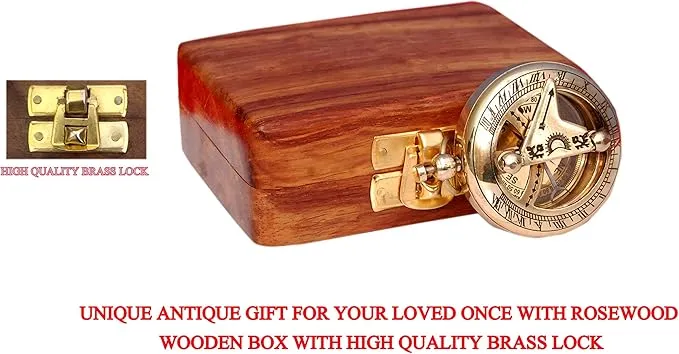 Vintage Brass Sundial Compass with Leather Case - Antique Brass & Copper Sun Clock for Camping, Hiking, Touring - Engraved Gift for Him - Nautical Ship Replica Watch - Sundial Clock in Box