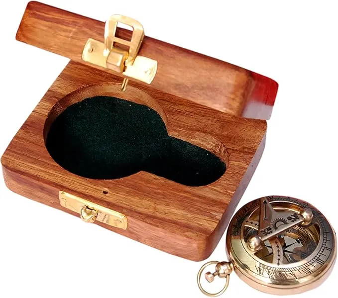 Vintage Brass Sundial Compass with Leather Case - Antique Brass & Copper Sun Clock for Camping, Hiking, Touring - Engraved Gift for Him - Nautical Ship Replica Watch - Sundial Clock in Box